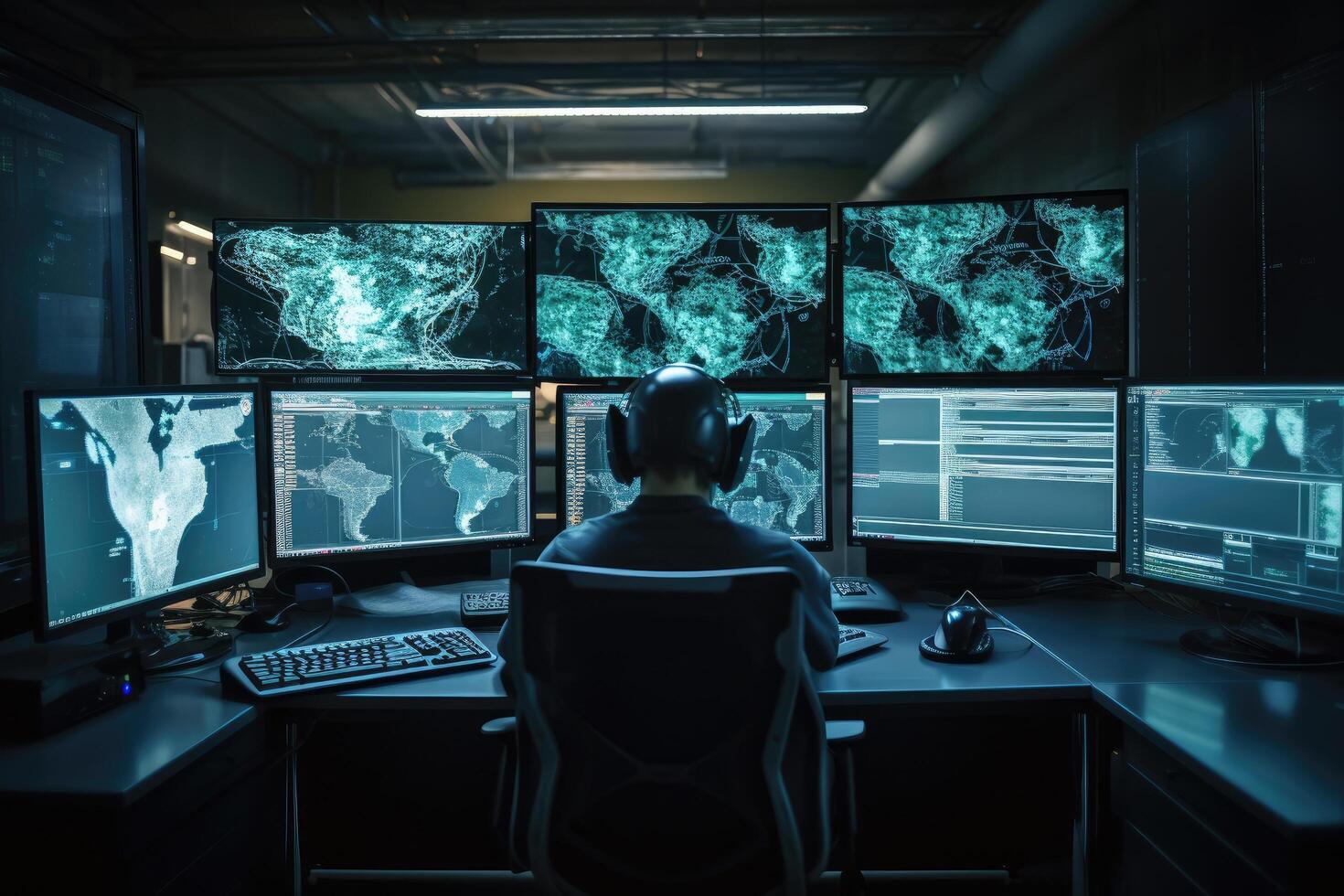 Security guard monitoring modern CCTV cameras in surveillance room at night, photo