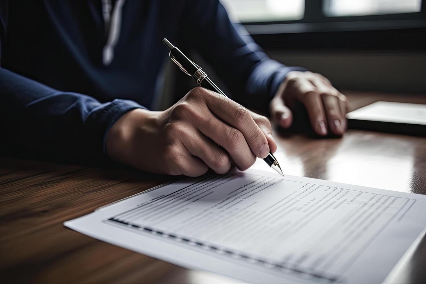 Businessman signing a contract. Close-up of male hands. A real estate agent signing his documents closeup, photo