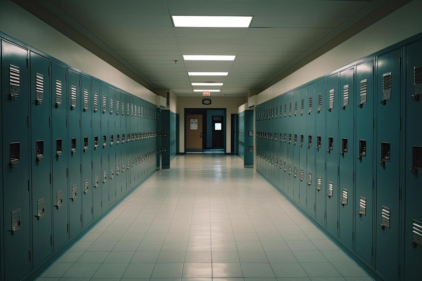 interior de un colegio armario habitación con casilleros y puertas un vacío alto colegio corredor interior ver con casilleros , ai generado foto