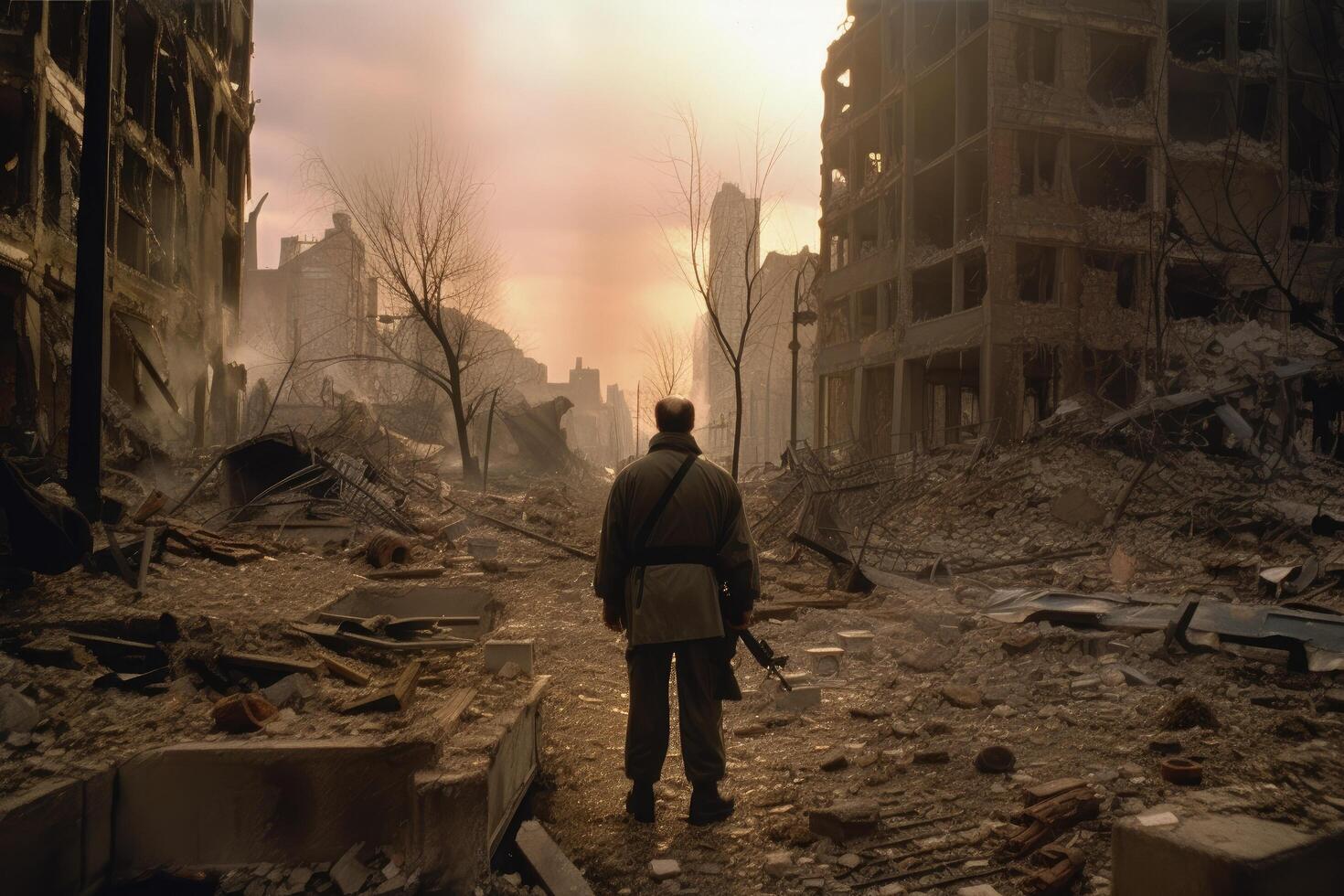 Ruins of a building in the city. War in Ukraine. A soldier standing amidst the ruins of a destroyed city after a nuclear explosion, photo