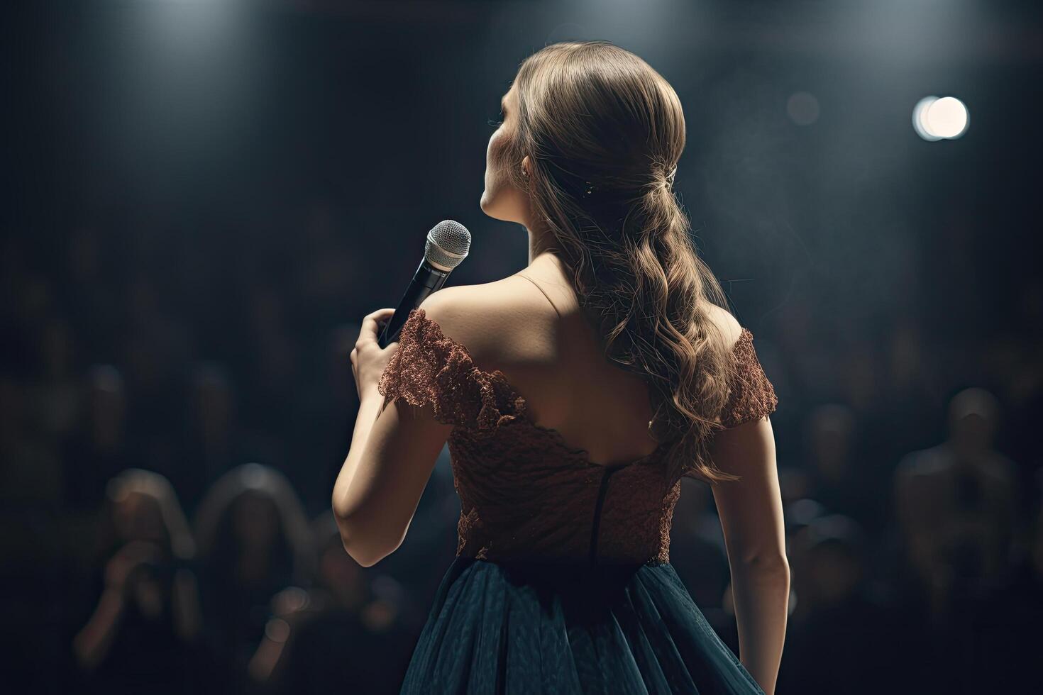 hermosa joven mujer canto dentro un micrófono en un oscuro antecedentes. un ópera cantante lleno posterior ver canto en frente de grande audiencia, ai generado foto