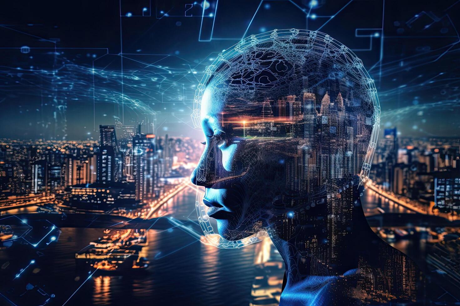 Double exposure of human head and cityscape background. Artificial intelligence concept, artificial intelligence taking over the world , photo