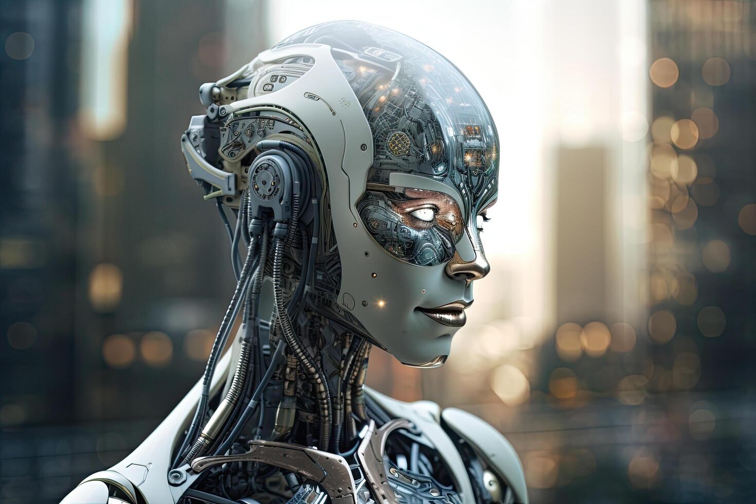 3D rendering of a female robot in a futuristic setting with city background, artificial intelligence taking over the world , photo