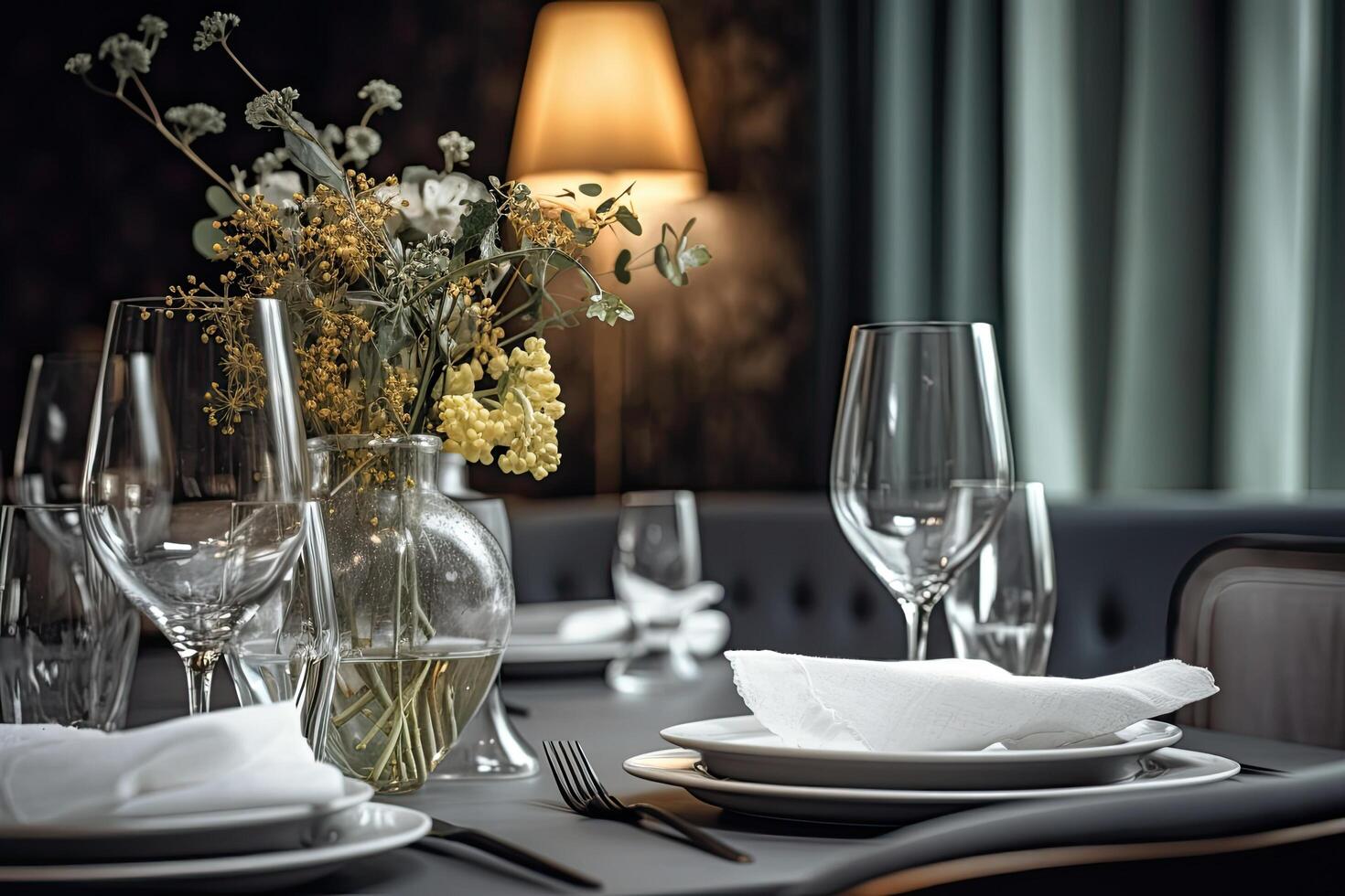 Elegant table setting with cutlery and flowers in restaurant, Beautiful and decorated restaurant table with plate, photo