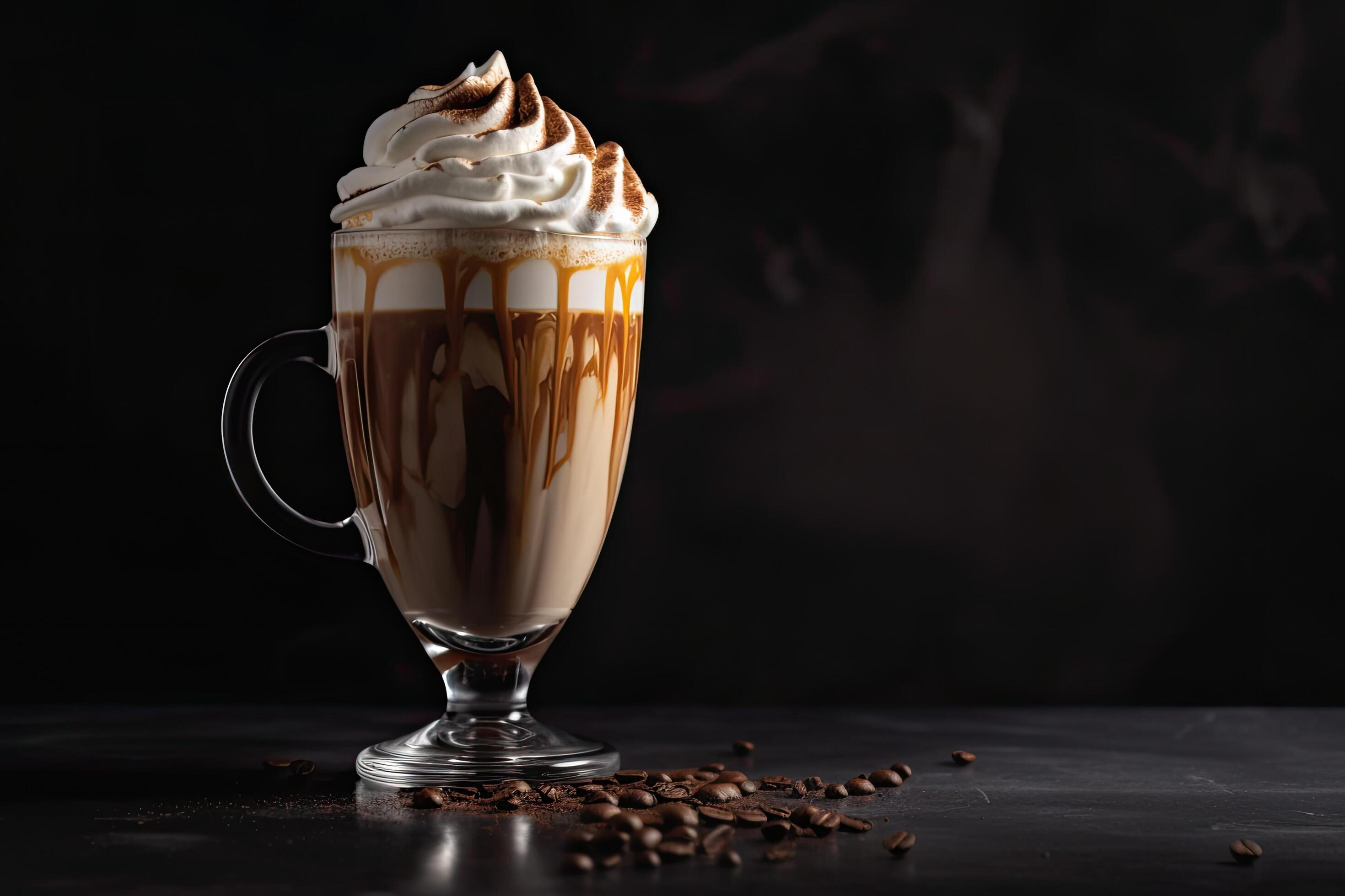 Latte macchiato with whipped cream and coffee beans on dark background