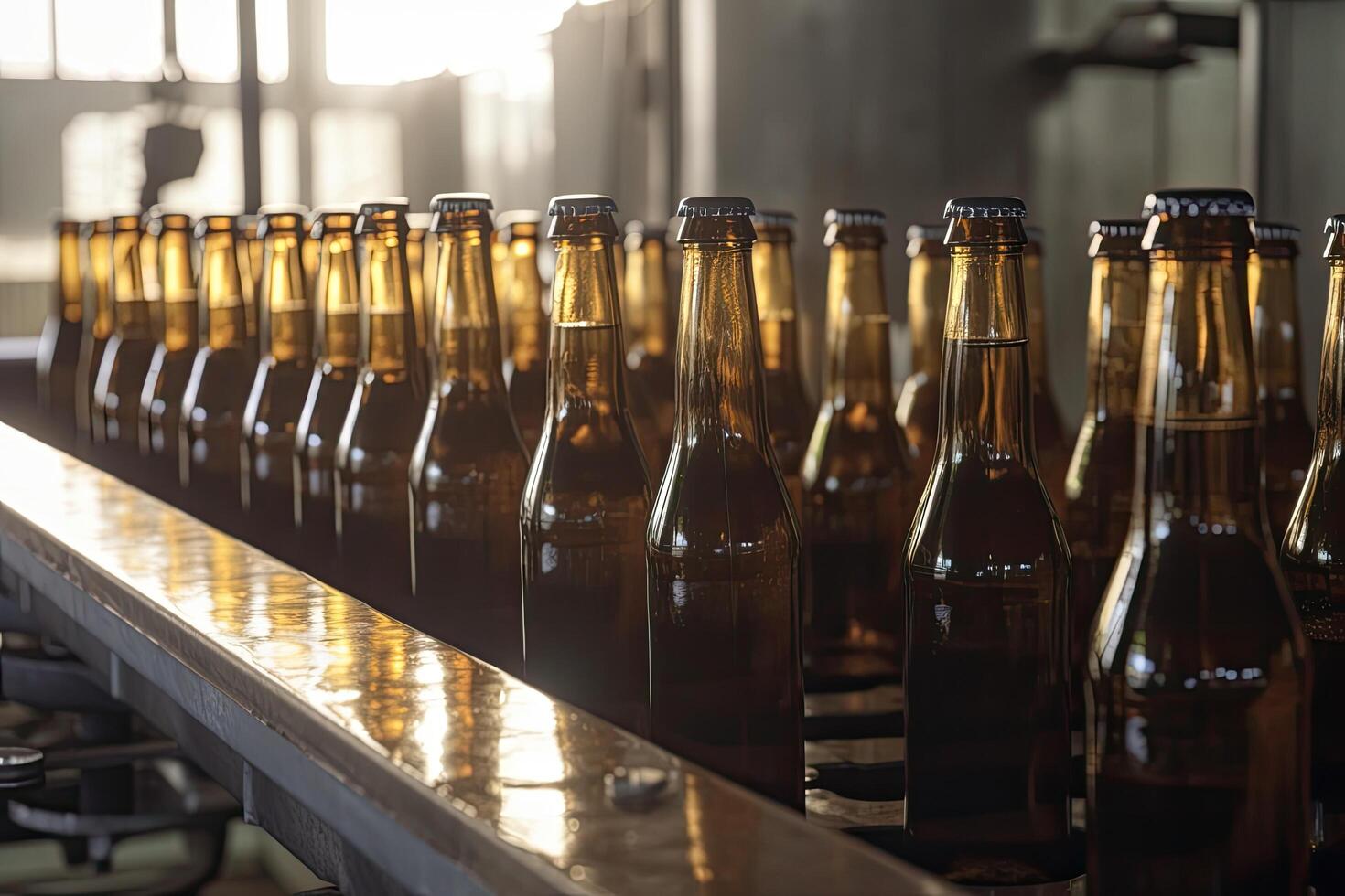 botellas de cerveza en transportador cinturón en fábrica, de cerca, cerveza botellas en un cervecería transportador producción línea, ai generado foto