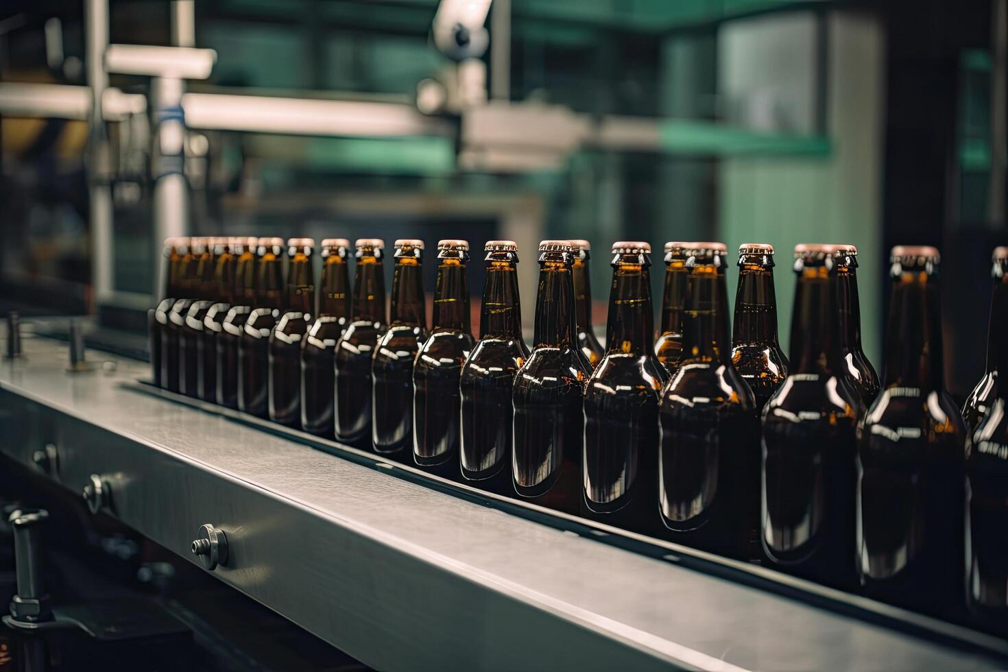 botellas de cerveza en transportador cinturón en cervecería fábrica. bebida industria, cerveza botellas en un cervecería transportador producción línea, ai generado foto