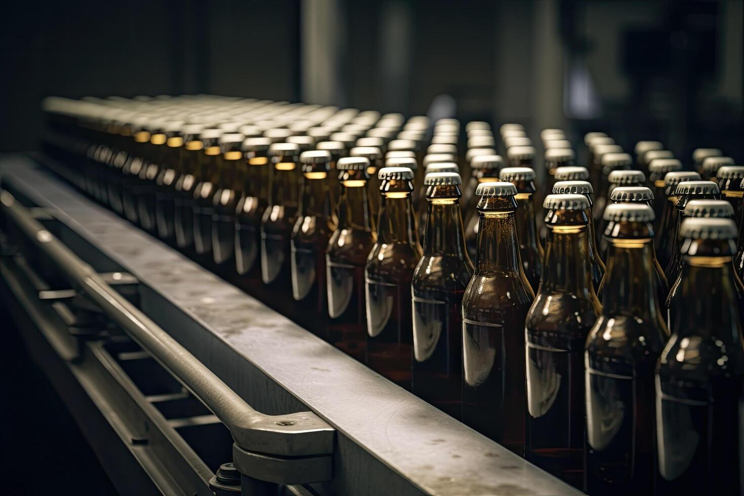 transportador cinturón con botellas de alcohólico bebidas en un moderno fábrica, cerveza botellas en un cervecería transportador producción línea, ai generado foto