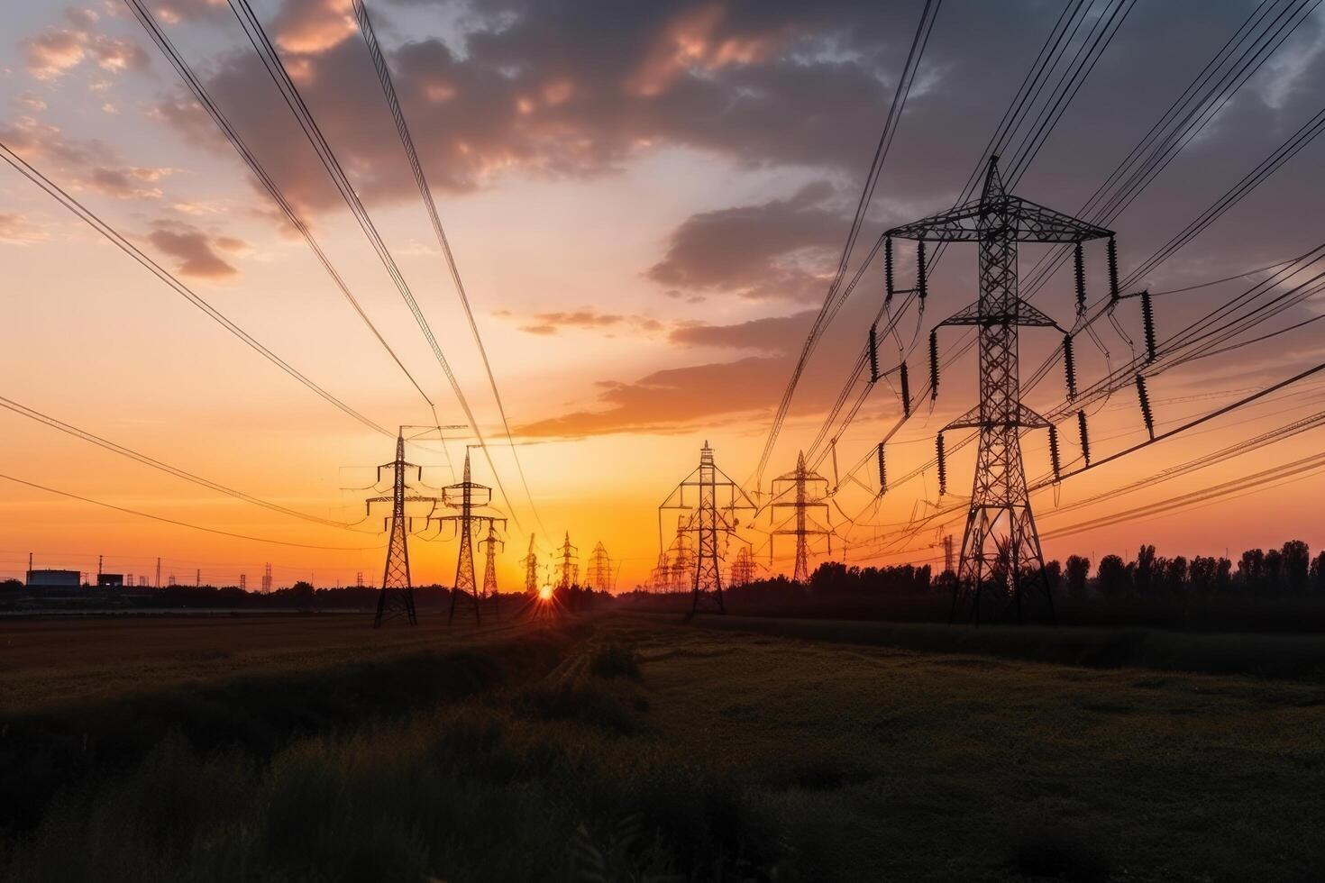 High voltage power lines at sunset. Electricity distribution station. Big electricity pylon view at sunset time, photo
