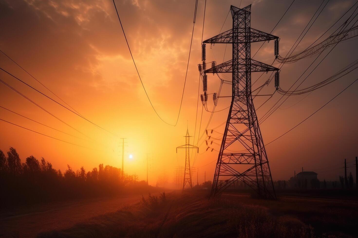 High voltage power lines and pylons at sunset. Electricity distribution station. Big electricity pylon view at sunset time, photo