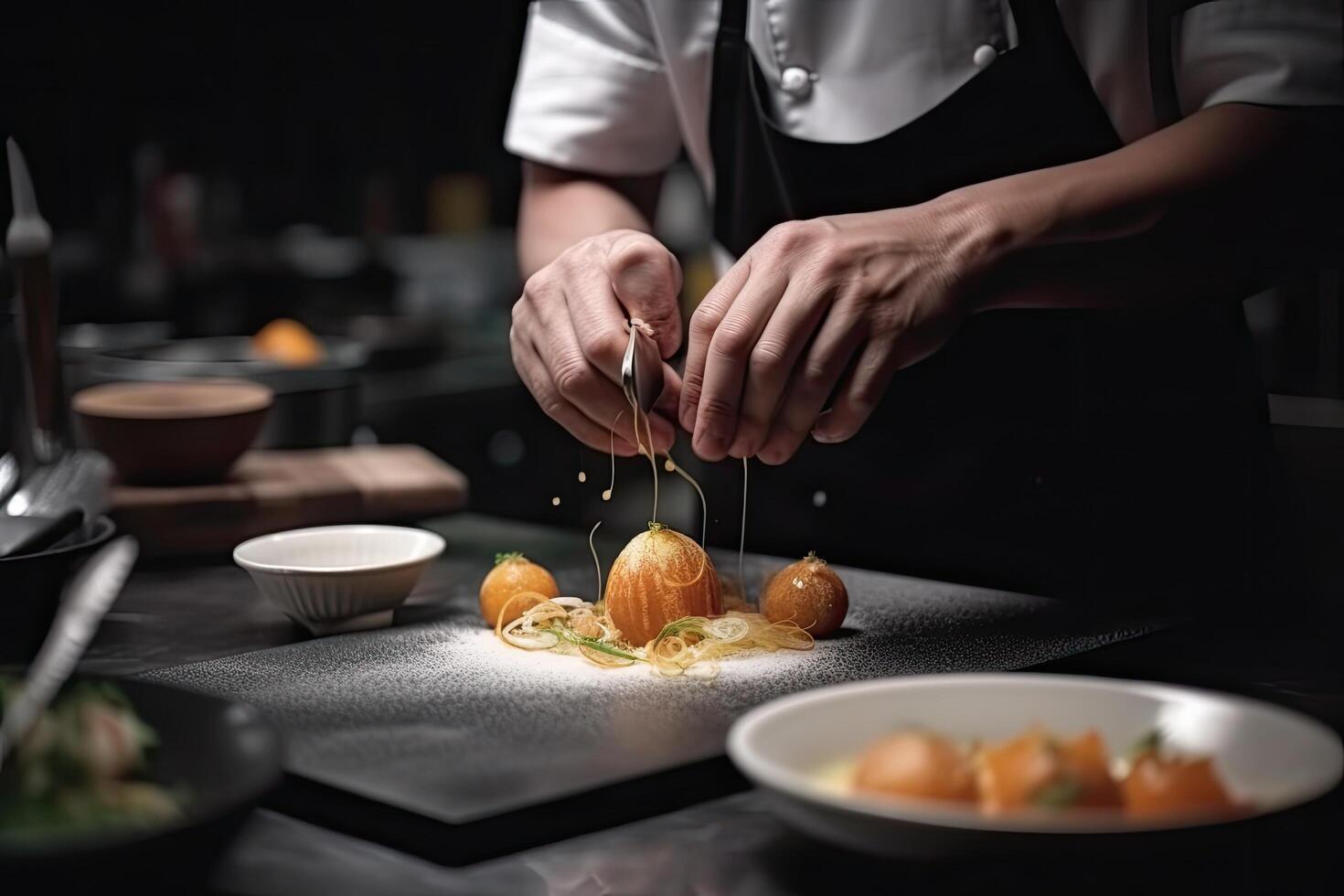 Chef cooking spaghetti with tangerines in kitchen, closeup, Chefs hands close up cooking, photo