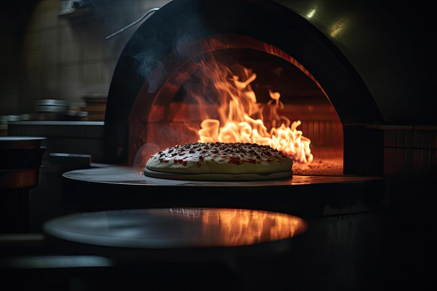 Pizza en horno a restaurante cocina. panadería y comida concepto, cocineros haciendo un Pizza cerca arriba en un Pizza horno con fuego, ai generado foto