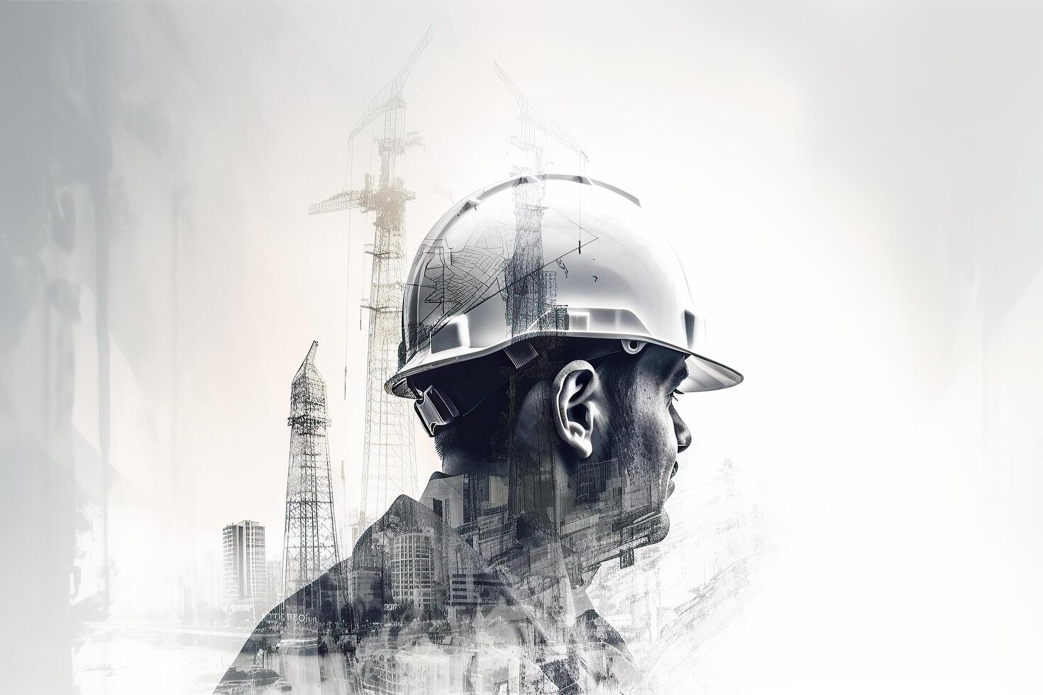 Silhouette of engineer in hardhat against construction background. Mixed media, Building construction engineering project, photo