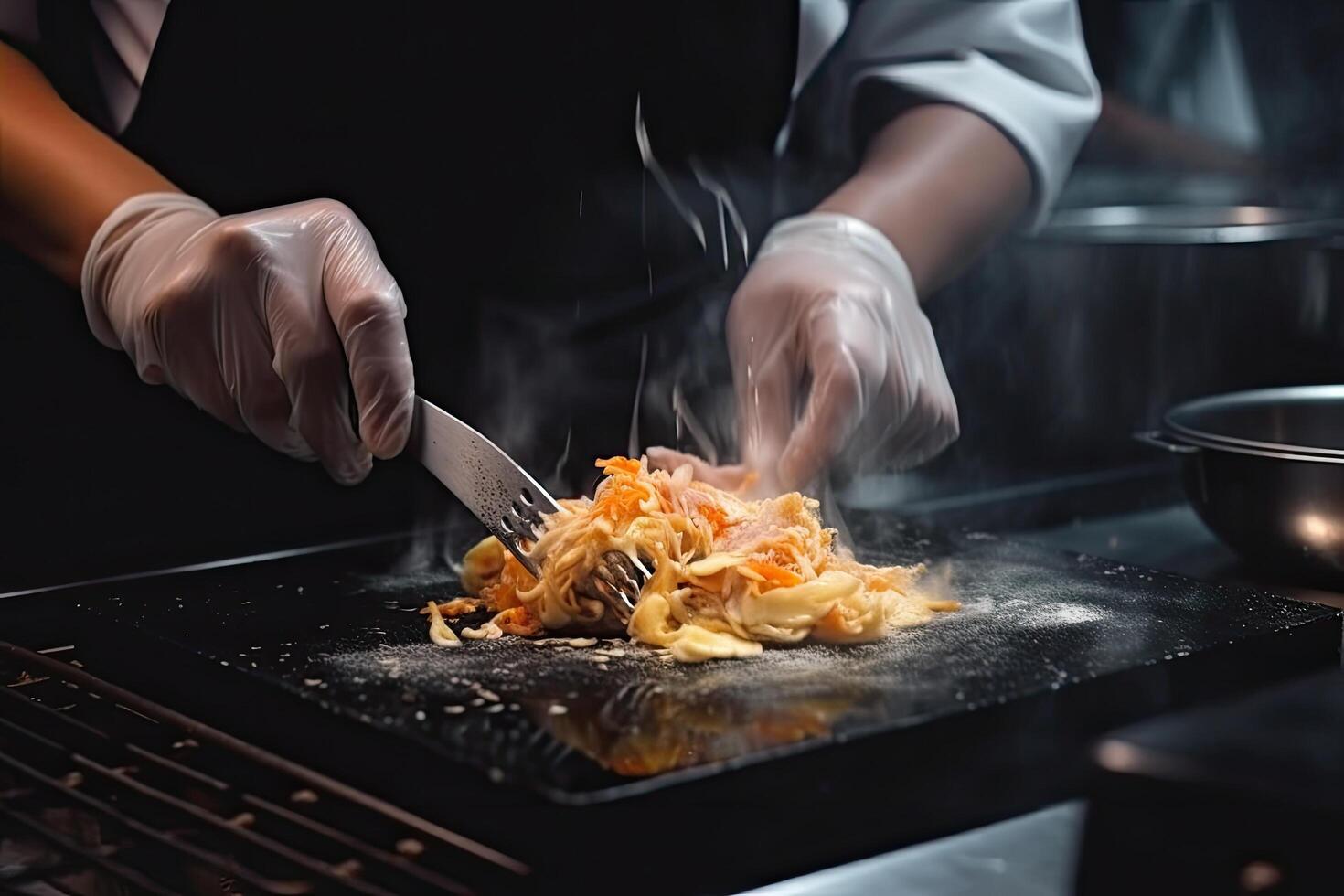 Chef cooking pasta in a restaurant kitchen, close up. Chefs hands close up cooking, photo