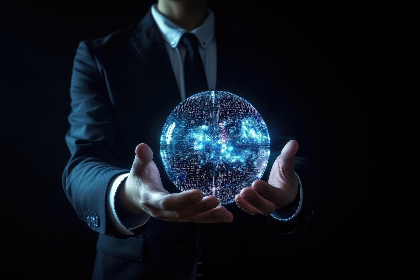 Close up of businessman hand holding glass globe with glowing earth planet. 3D rendering, Businessman holding a digital hologram in his hand, photo