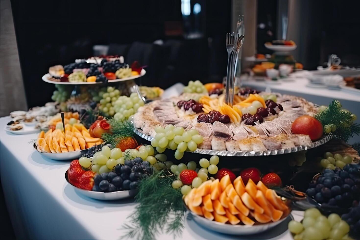 Catering wedding buffet with different kinds of fruits and vegetables. Catering banquet and food decoration in the restaurant, photo