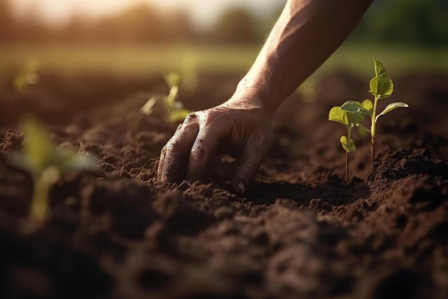 Human hand planting seedlings in fertile soil at sunset, agriculture concept, Closeup of a farmers hands planting tree, photo