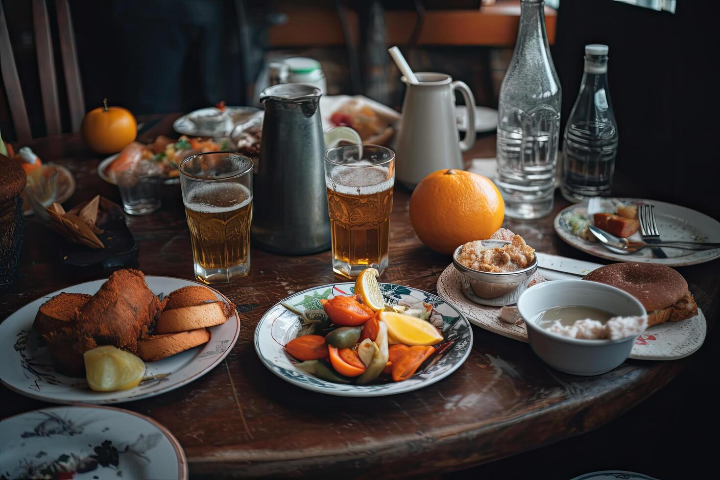 cena con cerveza y meriendas en un de madera mesa en un restaurante, de cerca de comida y bebida servido en el mesa a el restaurante, ai generado foto