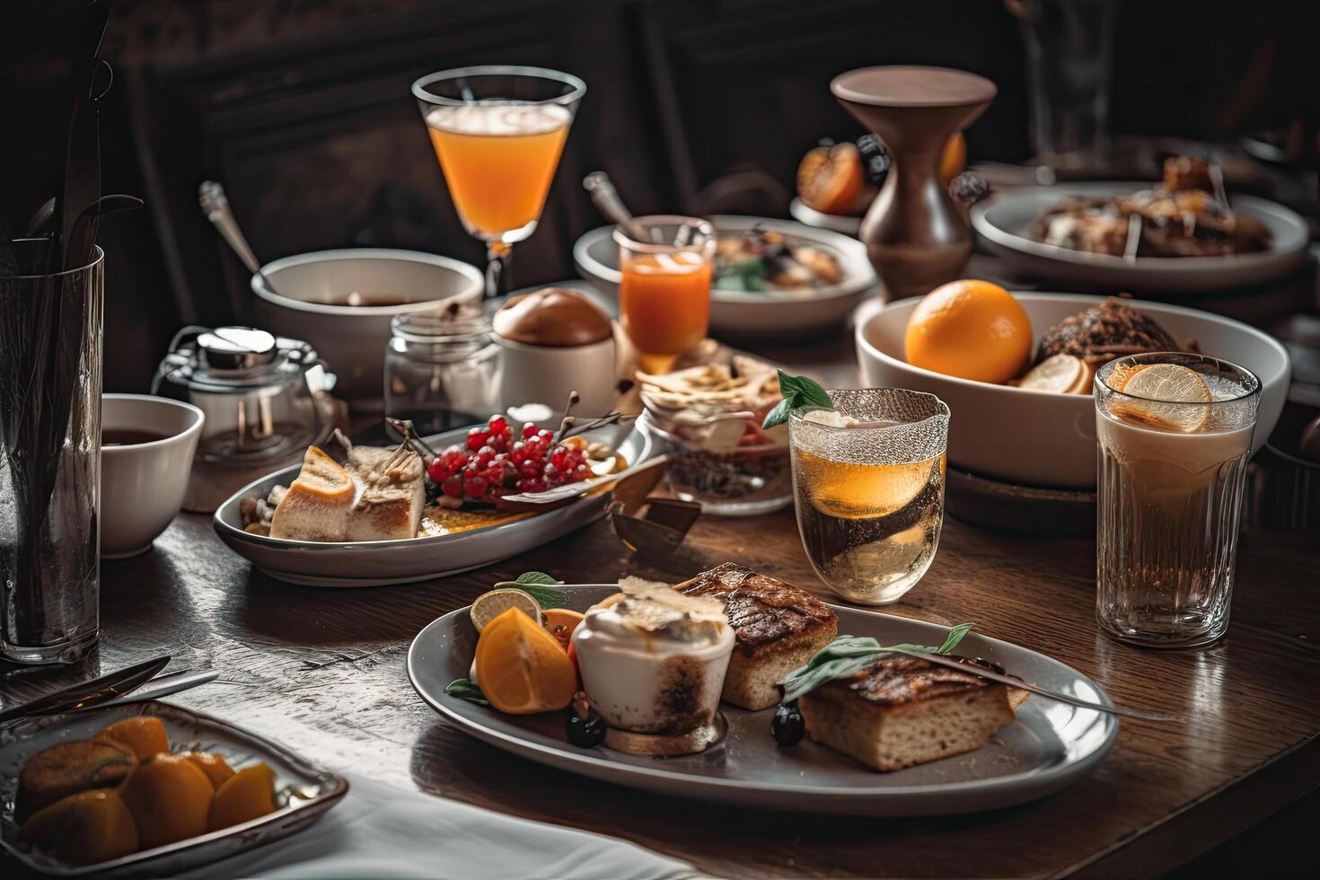 Delicious breakfast with pancakes, orange juice and berries on wooden table, Closeup of food and drink served on the table at the restaurant, photo