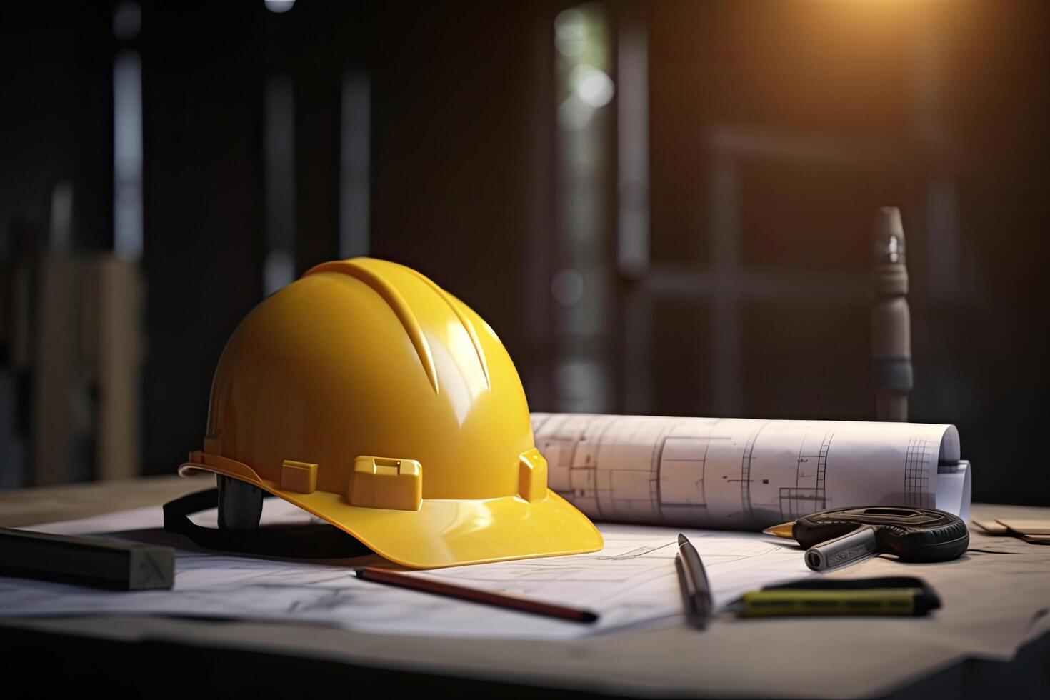 Yellow hard hat and blueprint on table in construction site. Engineering concept. Construction blueprints and designing stationery, photo