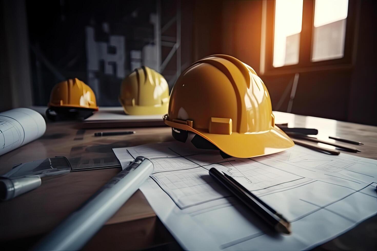 Architectural background with blueprints and yellow helmet. Construction concept. Construction blueprints and designing stationery, photo