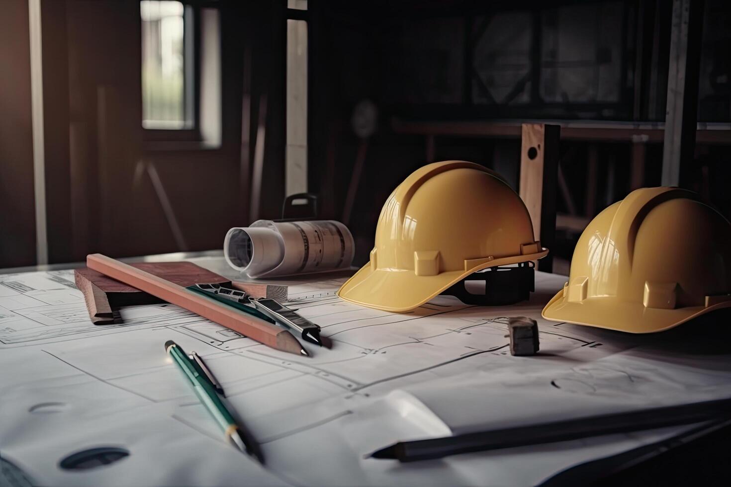 Architectural blueprints and yellow hard hat on the desk with copy space, Construction blueprints and designing stationery, photo