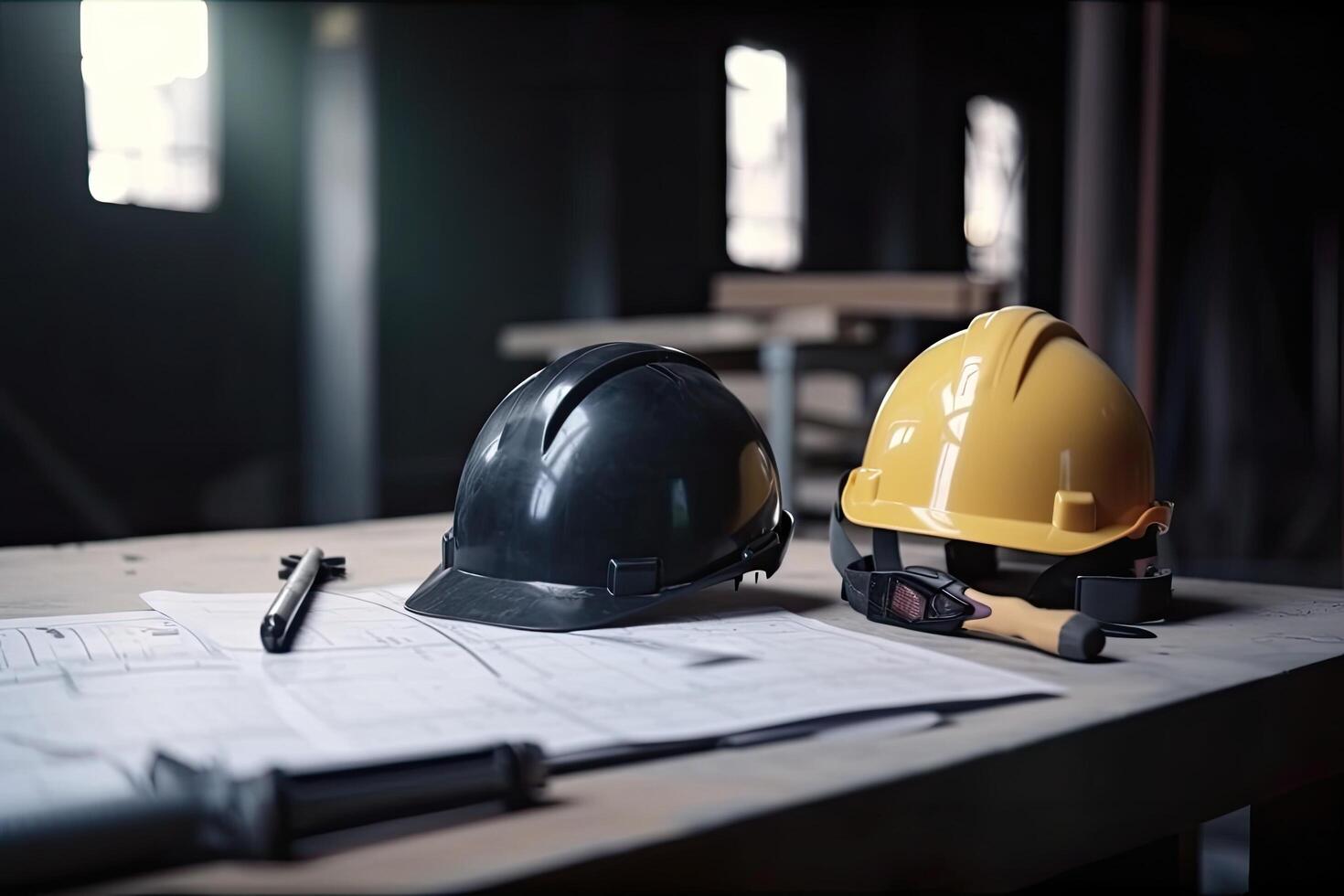 Hard hat and blueprint on table in construction site. Selective focus. Construction blueprints and designing stationery, photo