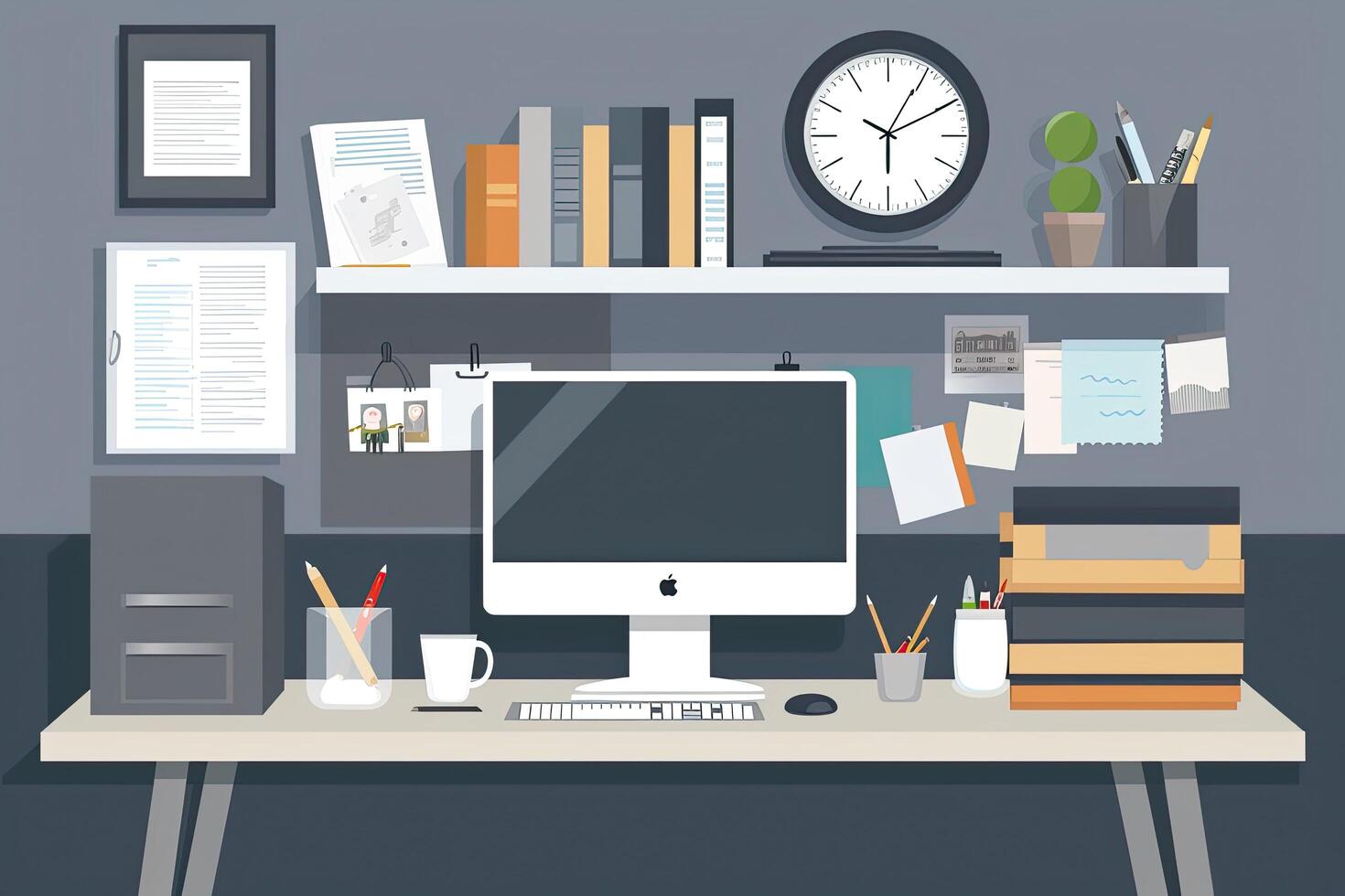 Flat design modern illustration concept of office workspace. Workplace with computer, bookshelf, stationery, coffee cup, Decorated office desk with a computer and other stationery, photo