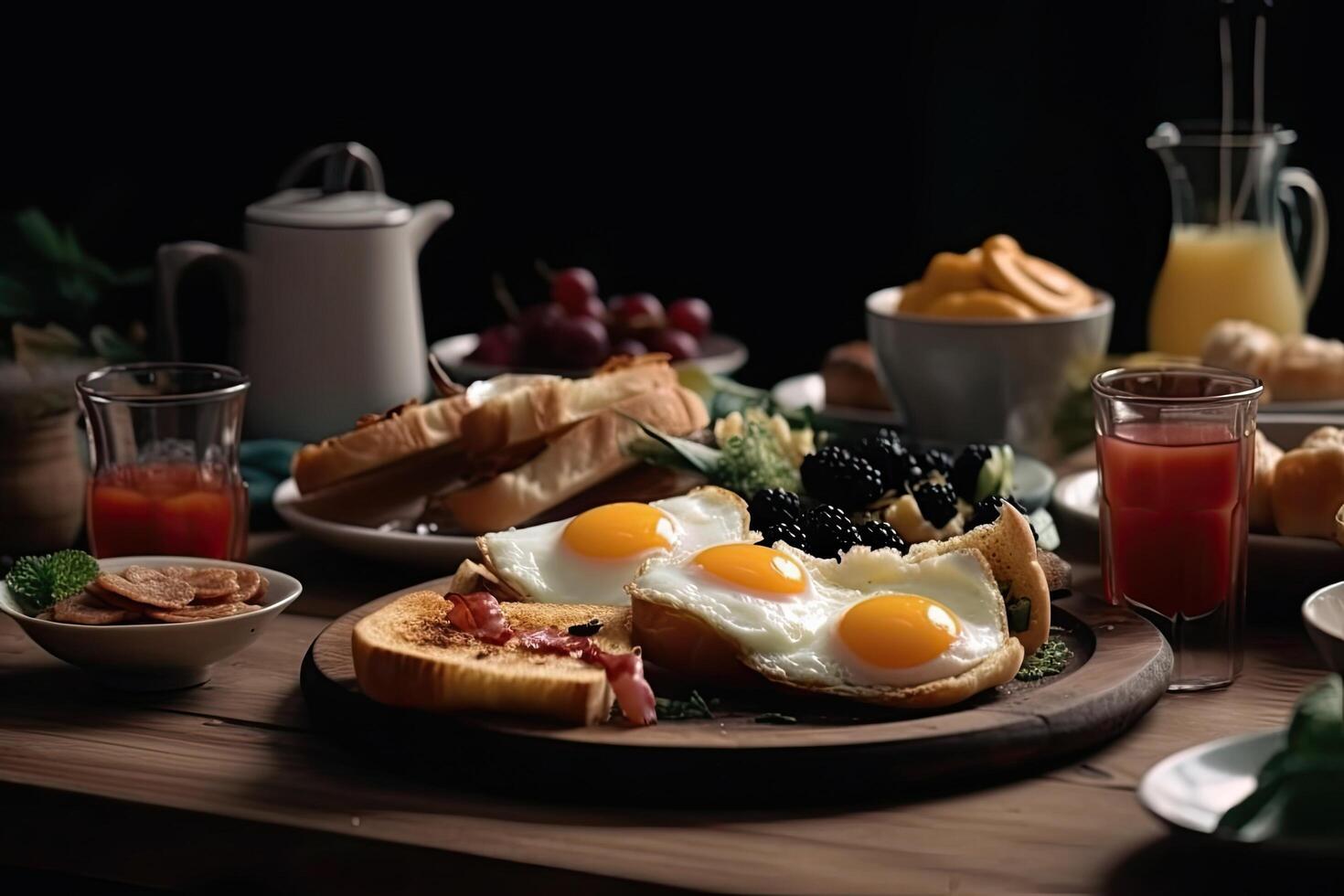 Breakfast with eggs, croissants and fruits on wooden table, Delicious breakfast dishes on the table with beverage, photo