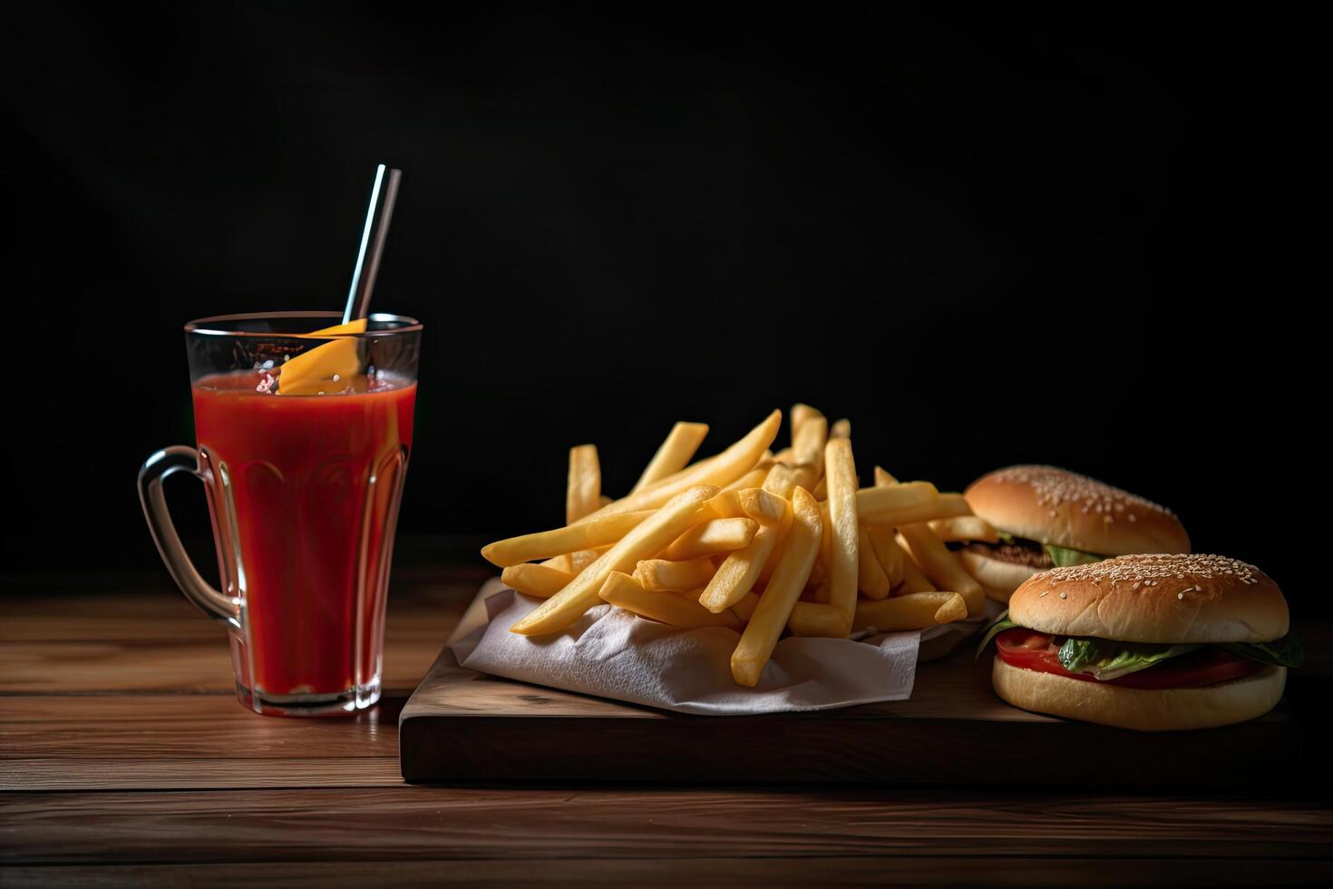 Delicious hamburgers with french fries and tomato juice on wooden table, Delicious fast food on a wooden table with a cold drink, photo