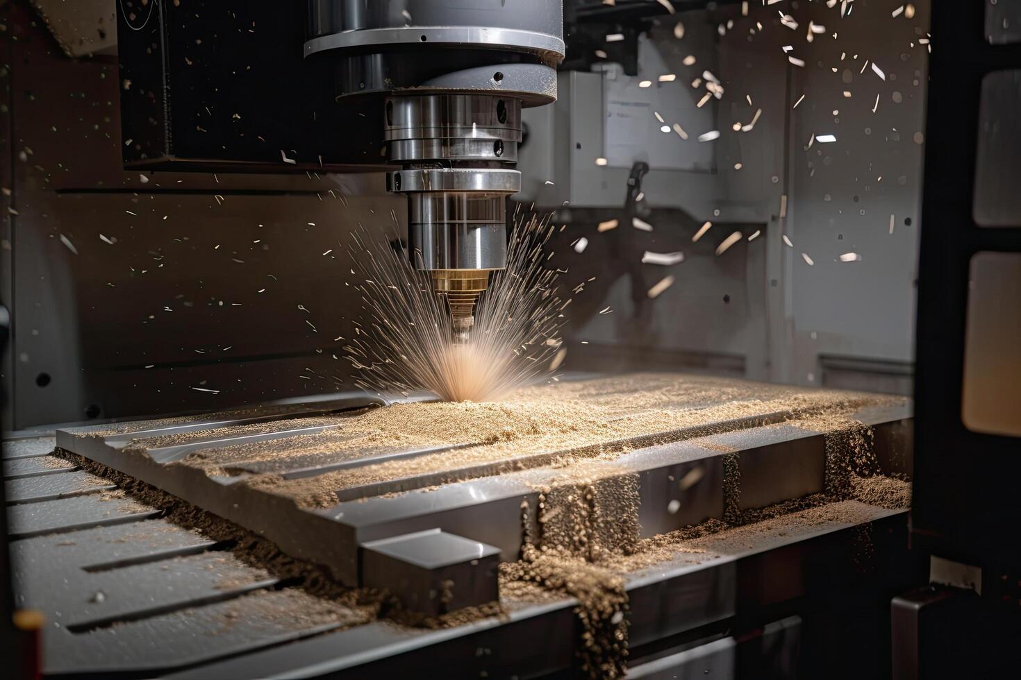 CNC milling machine cutting the metal plate with sparks. CNC milling machine. CNC machine tool in a metal factory cutting metal, photo