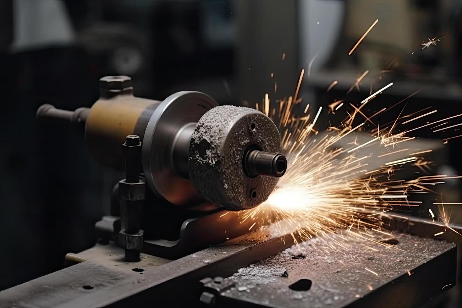 Industrial grinder cutting metal with sparks flying in the air. Cutting a cylindrical metal with a lathe grinder, photo