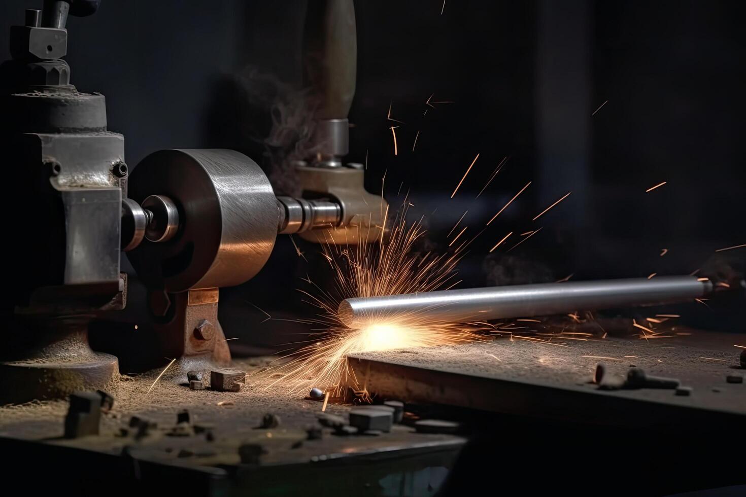 industrial amoladora corte metal con chispas volador en el aire. corte un cilíndrico metal con un torno amoladora, ai generado foto