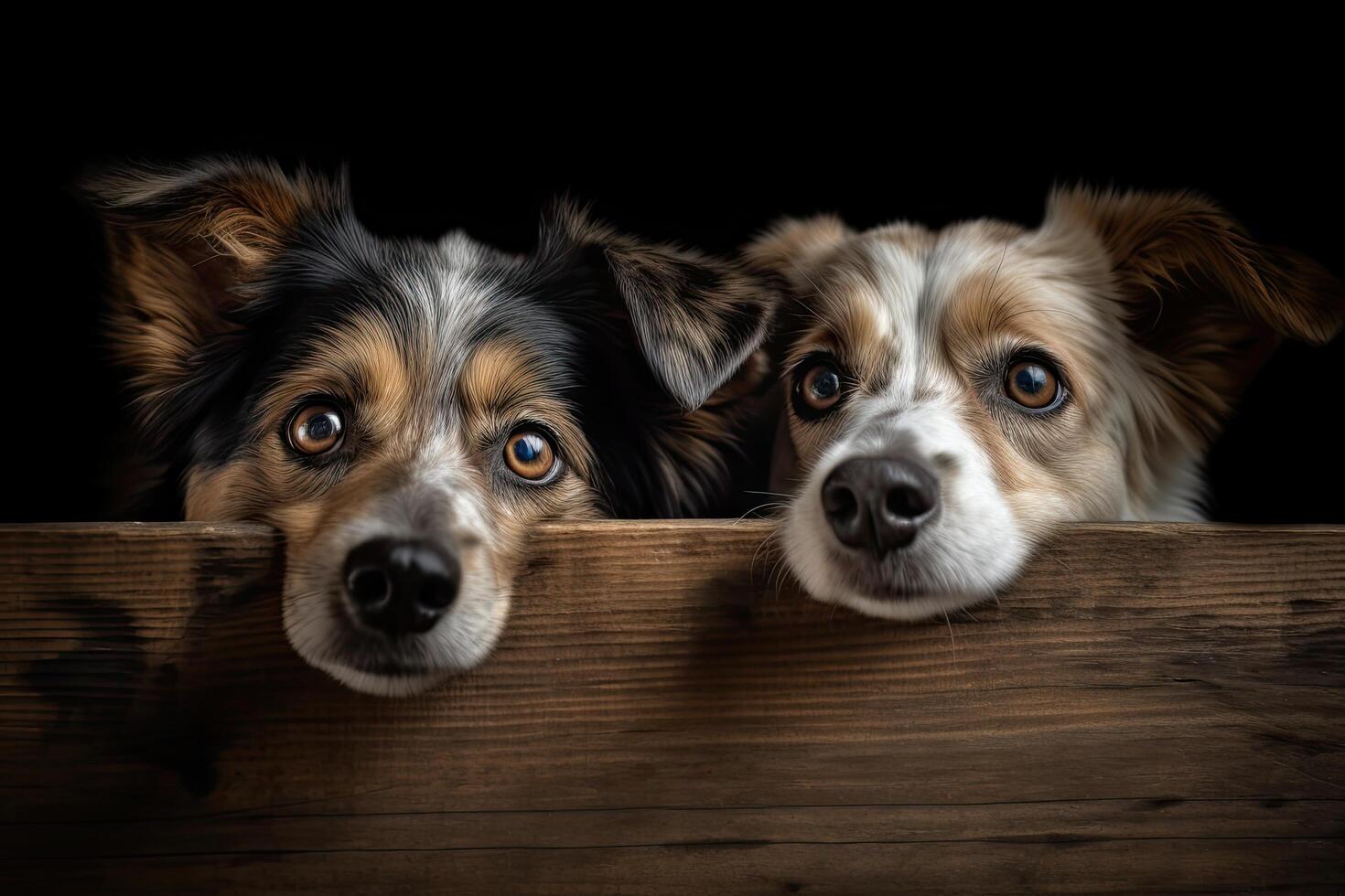 perros mirando fuera de un de madera caja, aislado en negro fondo, linda perros echar un vistazo terminado un de madera junta, ai generado foto