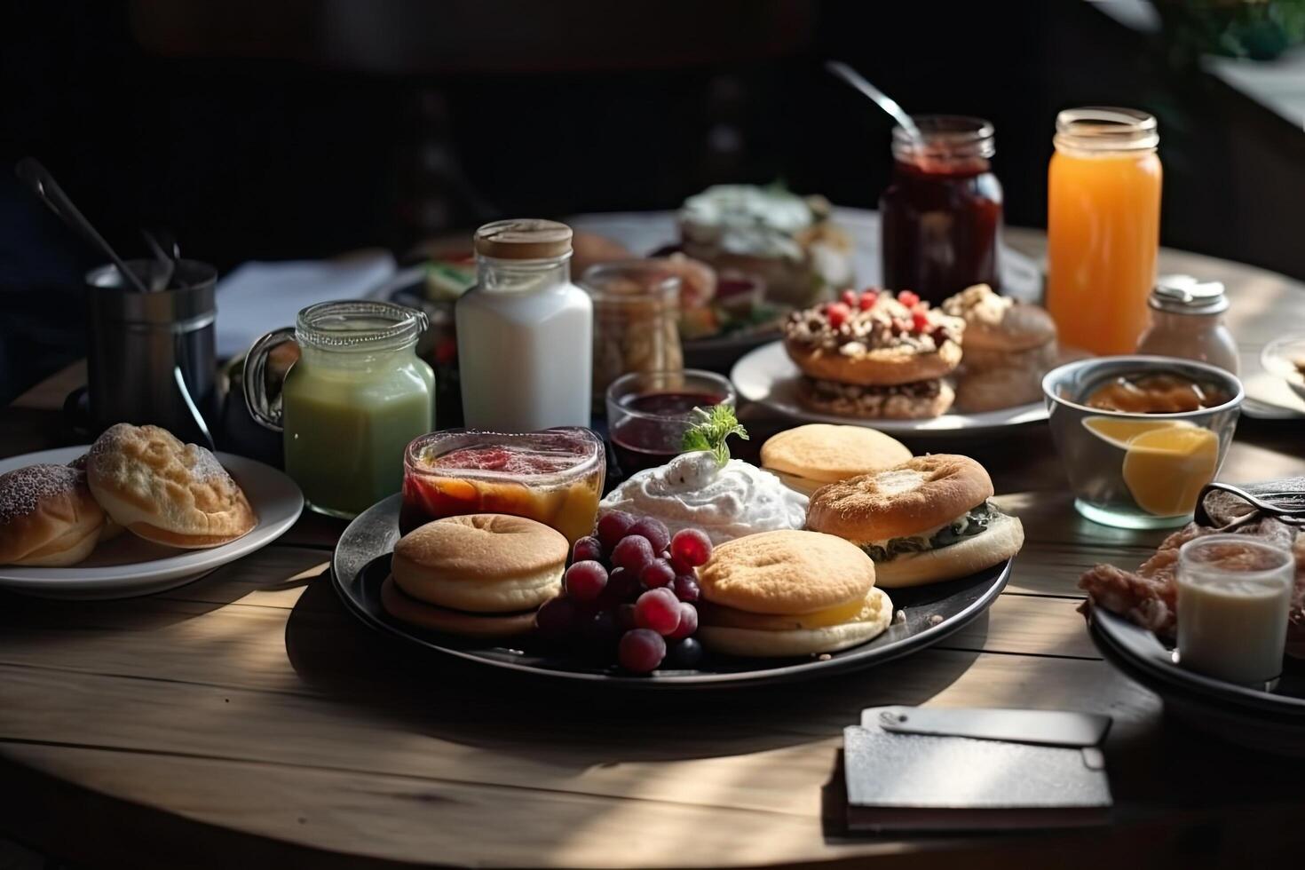 Breakfast in a cafe on a wooden table. Pancakes, coffee, orange juice, jam, fruits, berries, cheesecakes, Delicious breakfast dishes on the table with beverage, photo