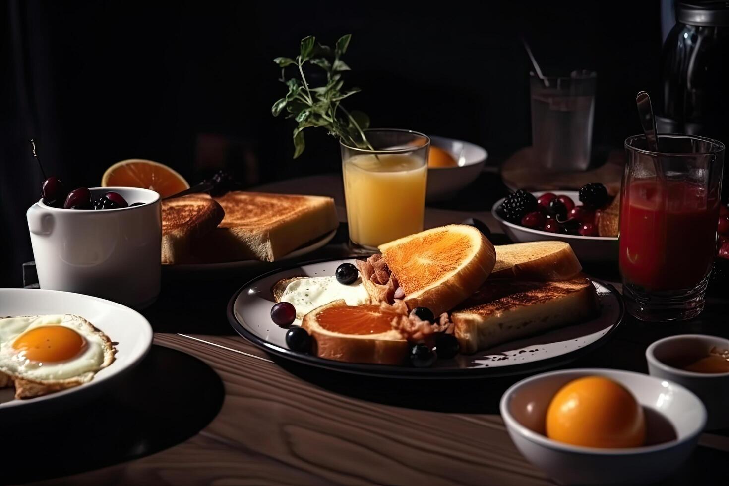 Breakfast served on a wooden table with coffee, orange juice, bread and fruit, Delicious breakfast dishes on the table with beverage, photo