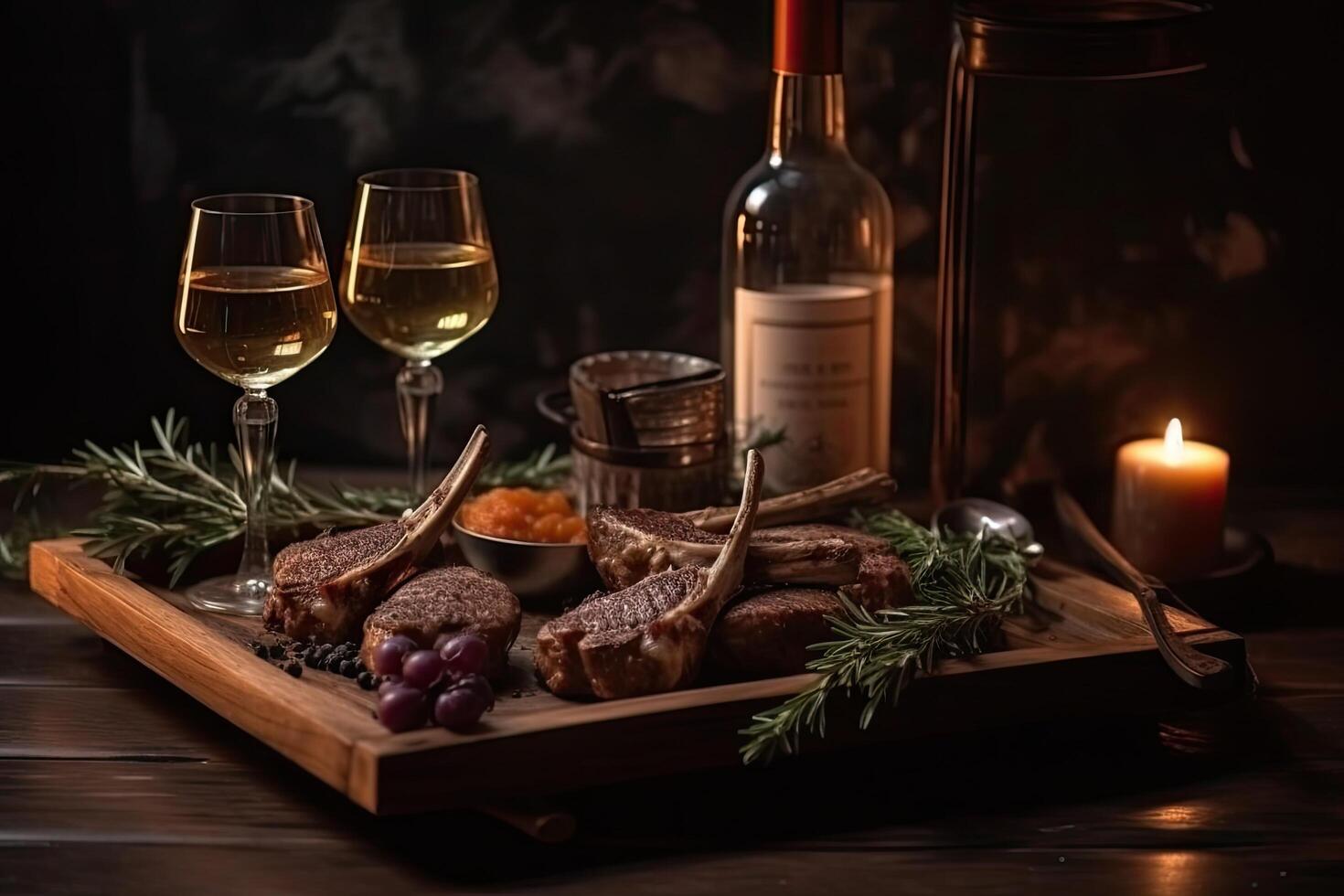 Grilled meat with wine on a wooden board on a dark background, Delicious Lamb chops close up on a tray with spice, photo