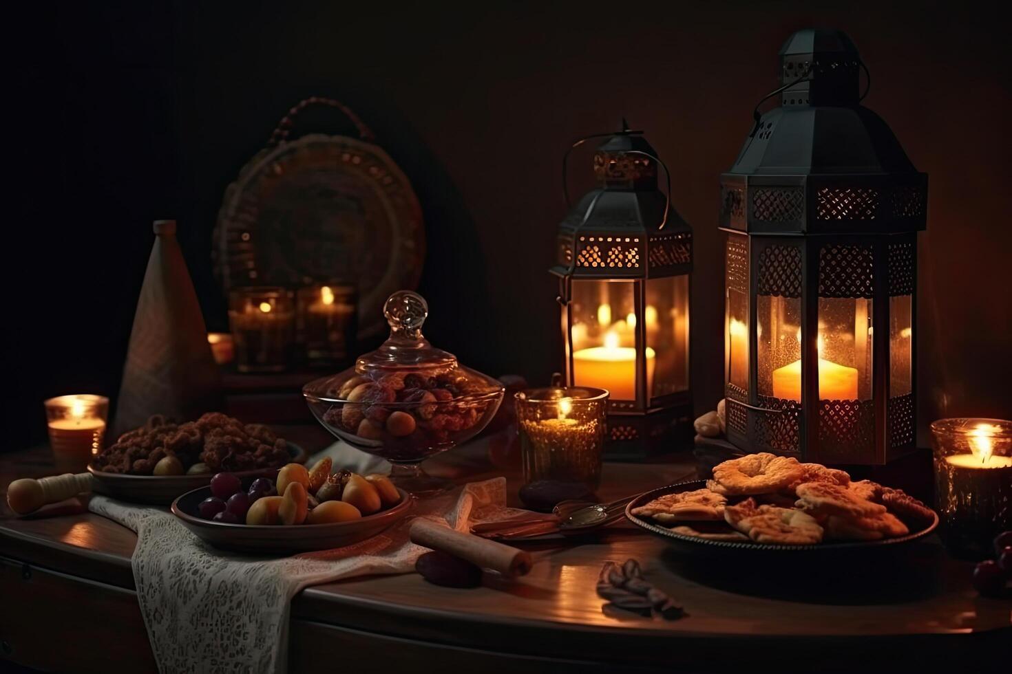 Candles, nuts and dried fruits on wooden table in dark room, Delicious Ramadan iftar and Suhoor traditional meal, photo