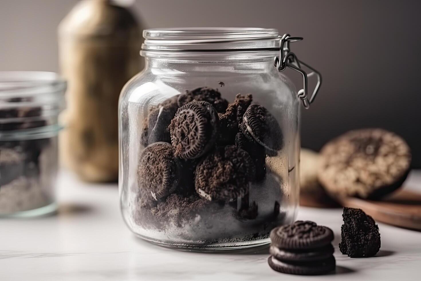 Homemade chocolate cookies in a glass jar on a white background. Delicious truffle cake closeup inside a glass jar, photo