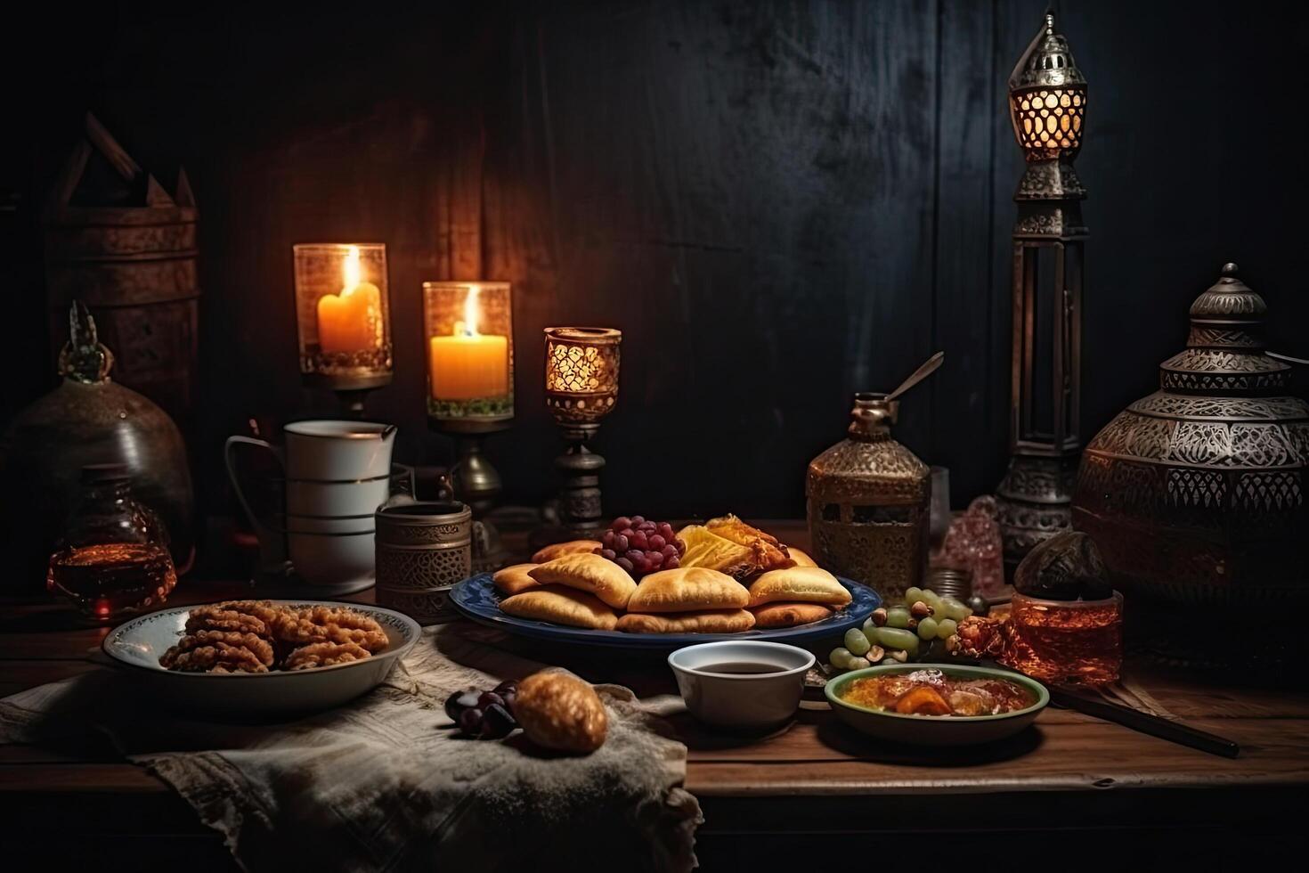 Traditional georgian breakfast on wooden table. Toned image. Delicious Ramadan iftar and Suhoor traditional meal, photo