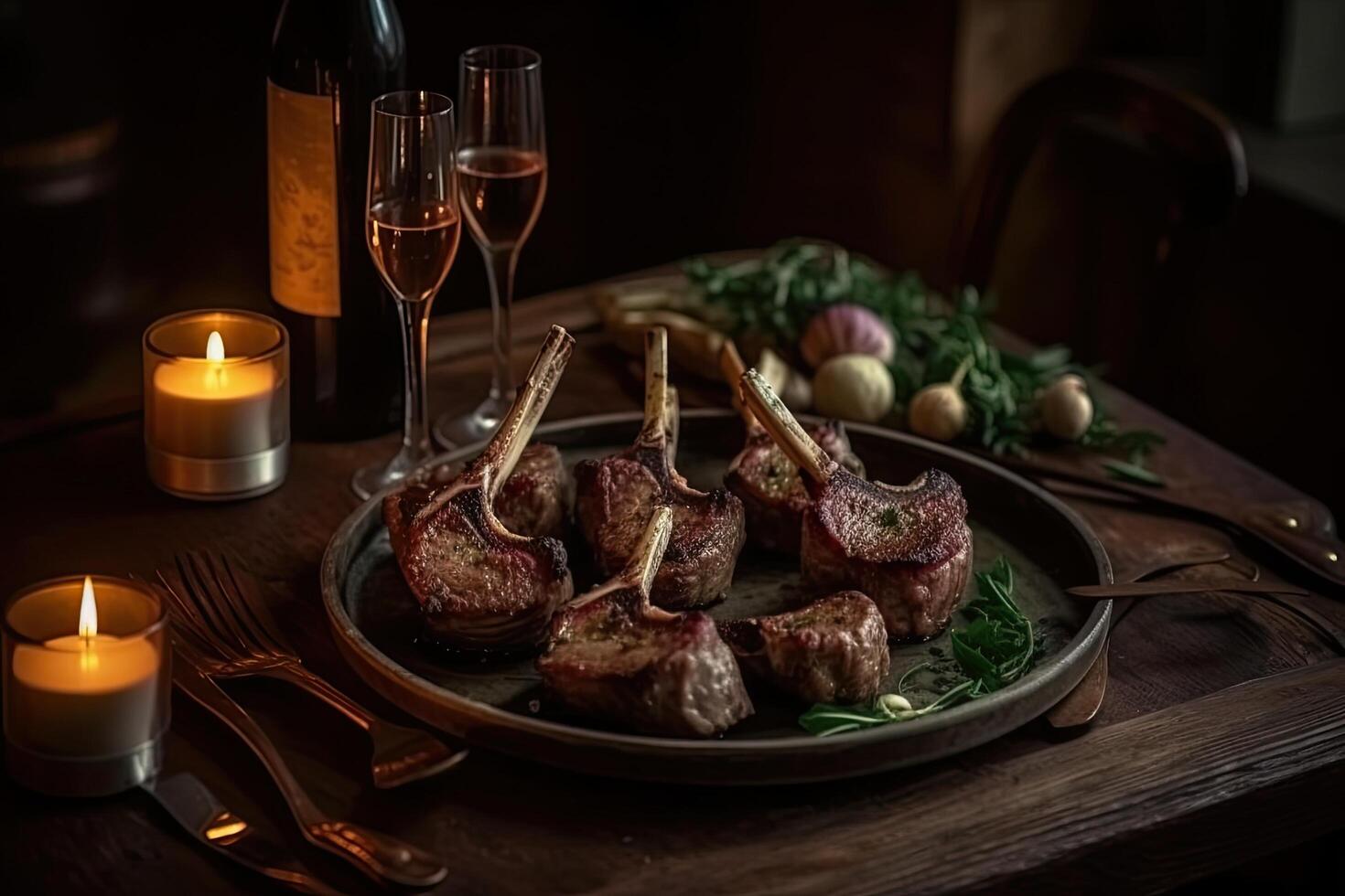 Rack of lamb with rosemary, garlic and wine on wooden table, Delicious Lamb chops close up on a tray with spice, photo