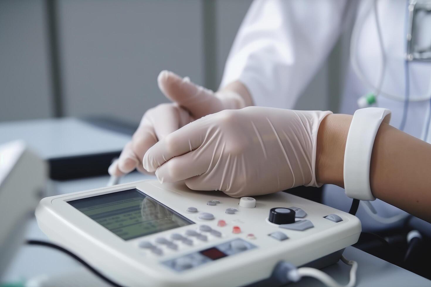 Close up of the hands of a doctor using an ultrasound machine, The doctor looks at patient pulse rate monitor closeup, photo