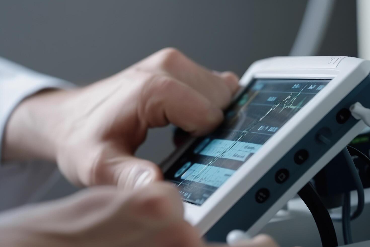 Ultrasound equipment in medical laboratory, closeup of hands, The doctor looks at patient pulse rate monitor closeup, photo
