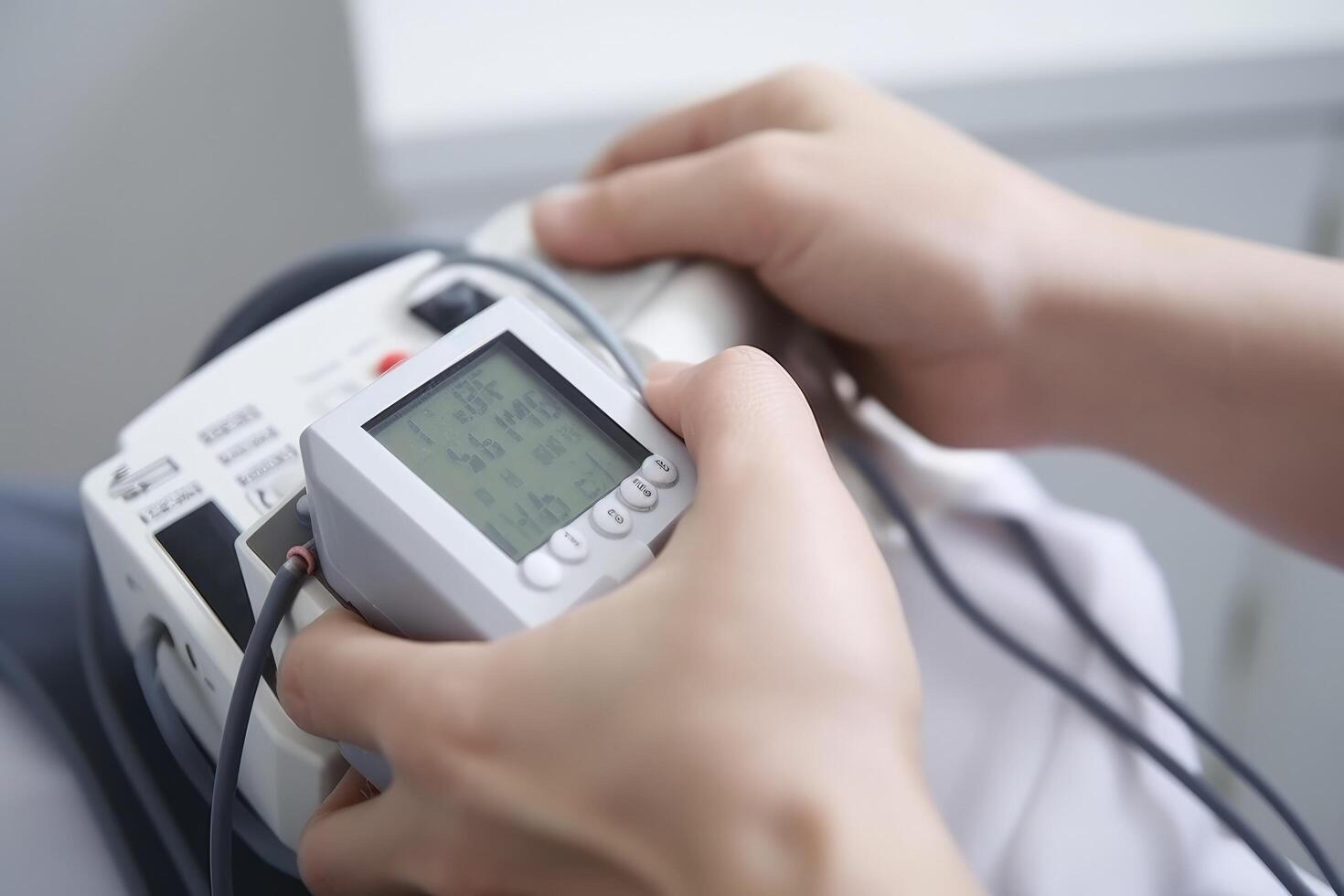 sangre presión monitor en médico oficina. salud cuidado y médico concepto. el médico mira a paciente legumbres Velocidad monitor de cerca, ai generado foto