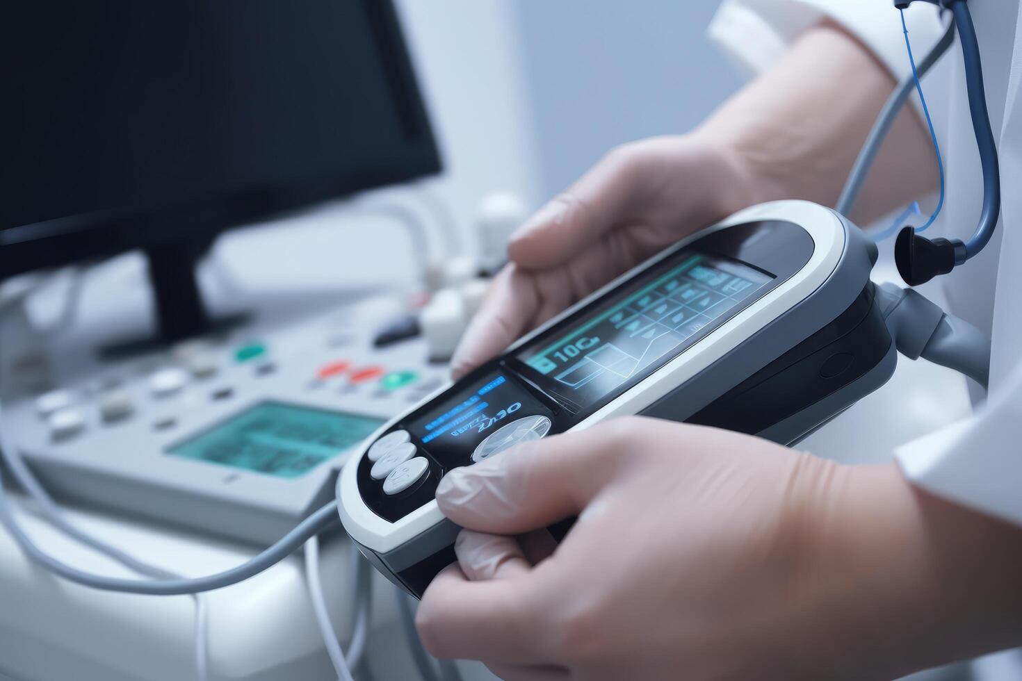 Ultrasound machine in the hands of a doctor, The doctor looks at patient pulse rate monitor closeup, photo
