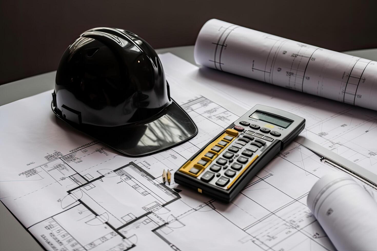 Architectural plans, helmet and calculator on the table. Architect workplace, Engineering and technician drawings and designs on table, photo