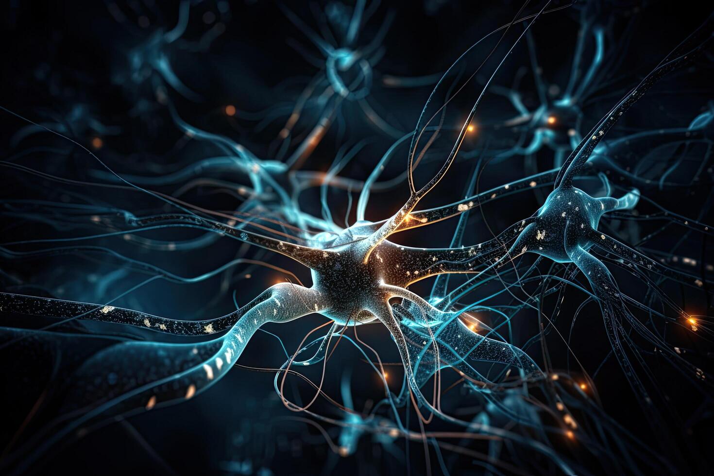 Digital illustration of neuron in colour background. 3D rendering, electric energy flowing through Neurons cells, photo