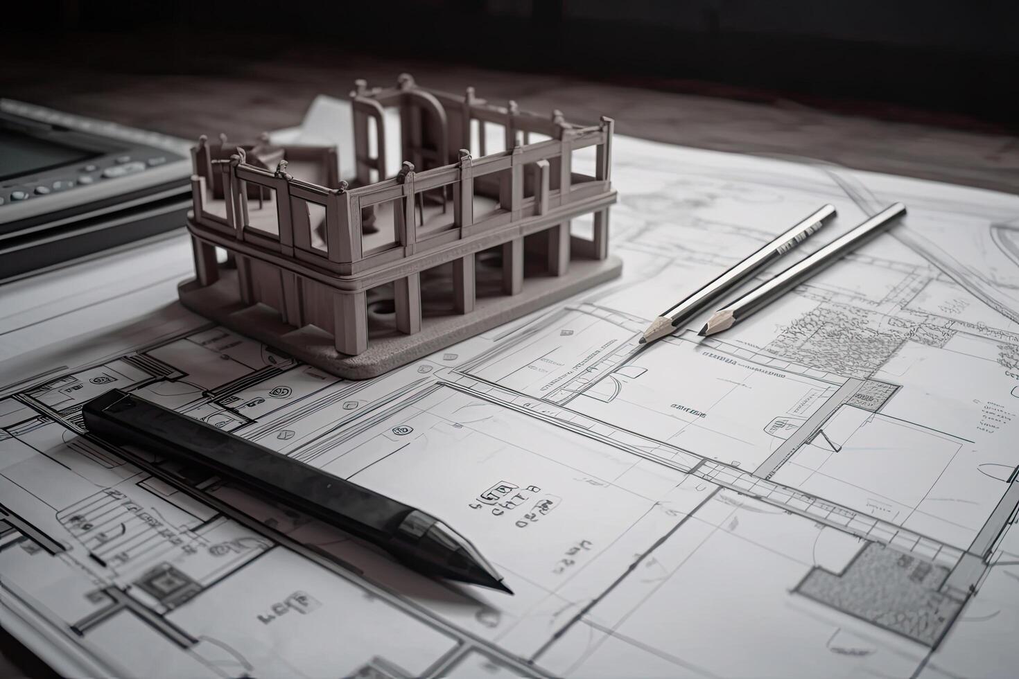 Architectural plans of the house. Architectural project. Construction concept. Engineering and technician drawings and designs on table, photo
