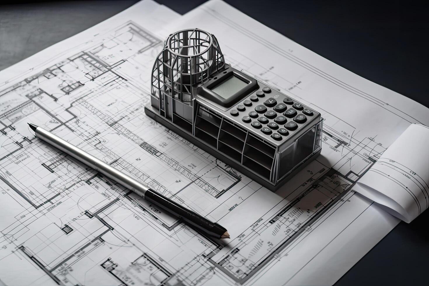 arquitectónico planes con calculadora, bolígrafo y casa modelo en mesa, Ingenieria y técnico dibujos y diseños en mesa, ai generado foto