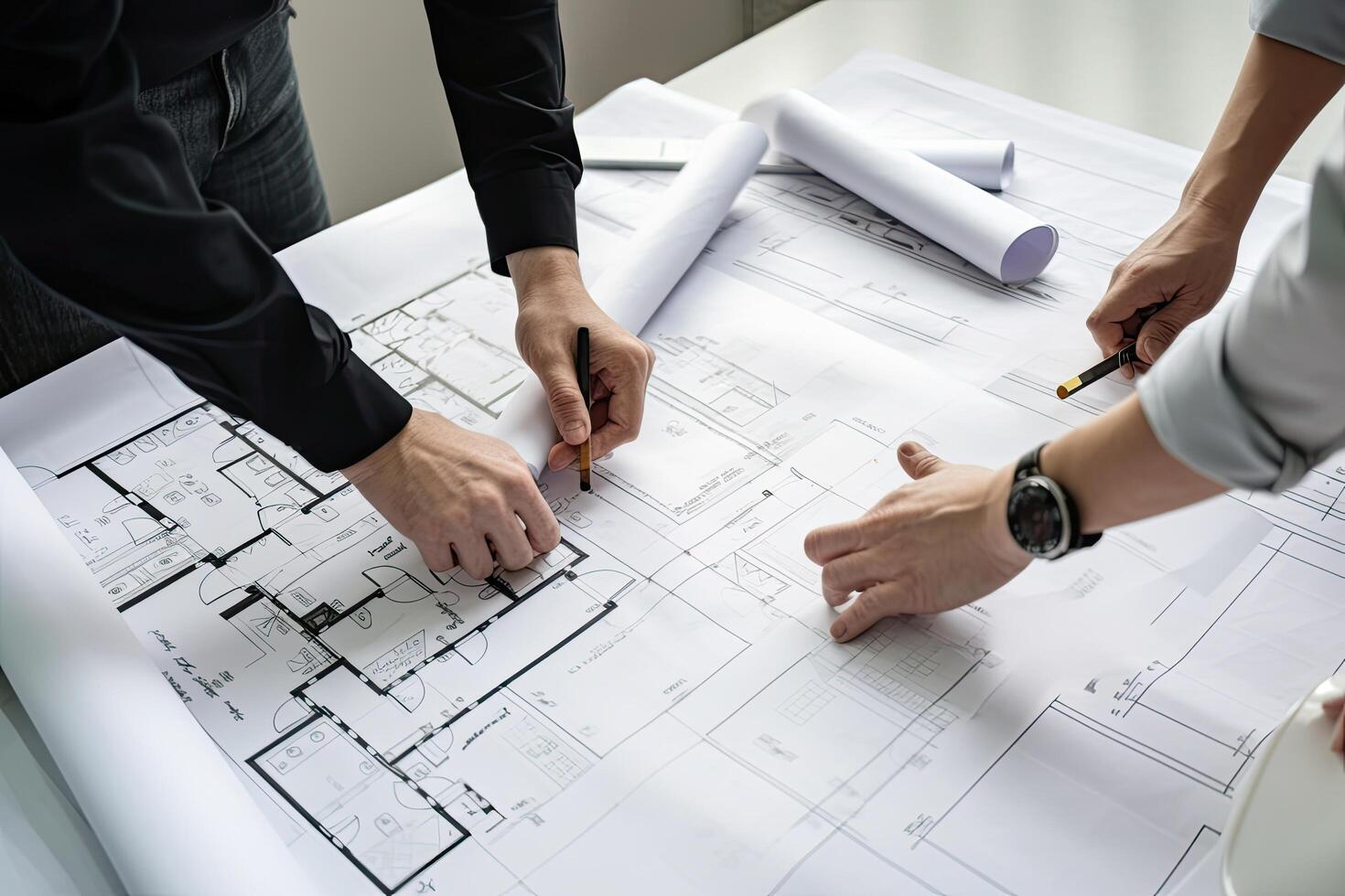 arquitectos trabajando en Plano a oficina escritorio, arquitectónico concepto. Ingenieria y técnico dibujos y diseños en mesa, ai generado foto